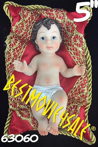 Baby Jesus - Estatua de resina sobre almohada detallada roja y dorada, 5 pulgadas