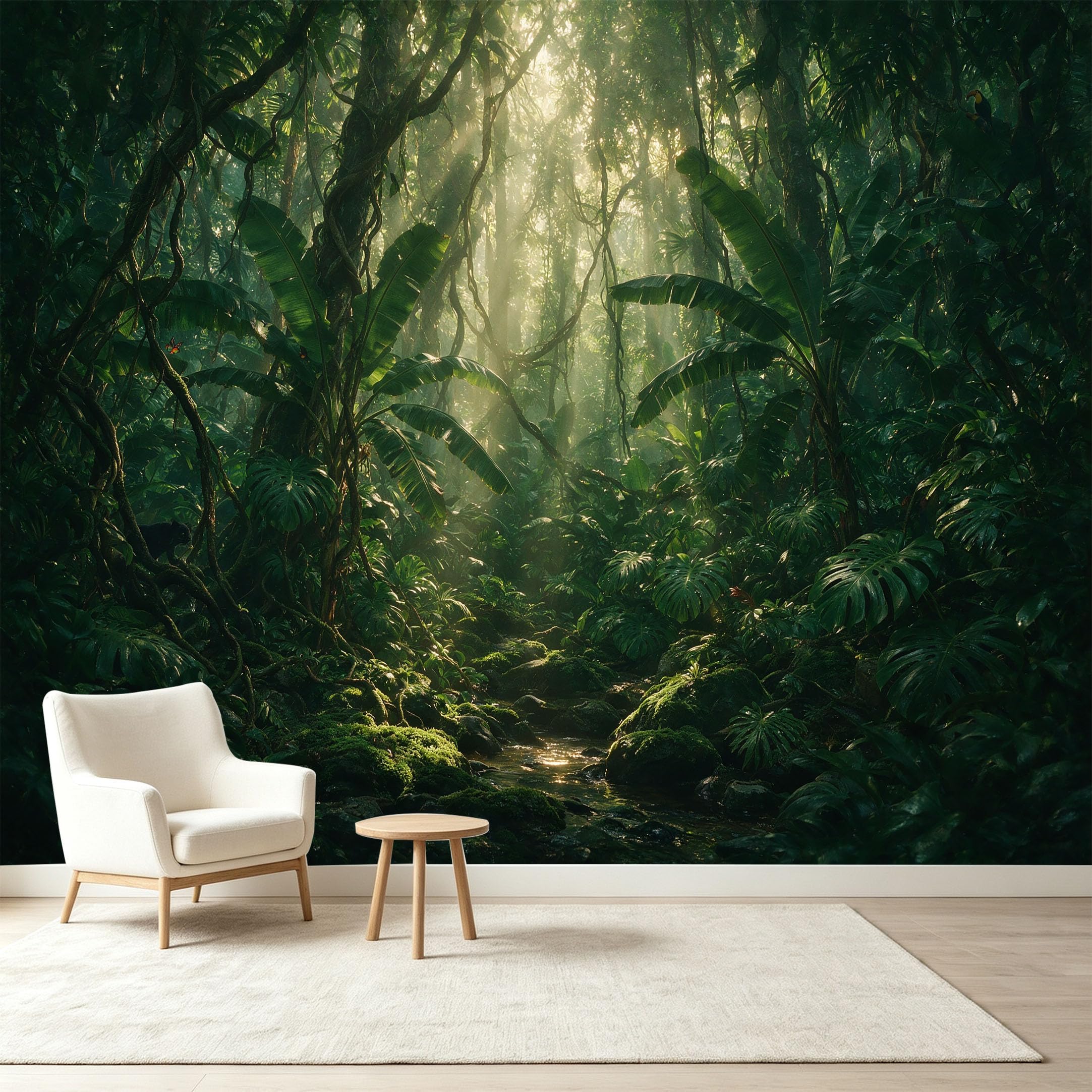 Custom Size Wall Murals Tropical Rainforest Jungle Landscape Sunbeam Leaves Stream Self-Adhesive Wall Fabric Removable Wallpaper Wall Decor for Living Room Bedroom Bathroom