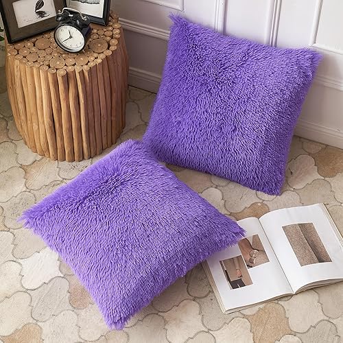 Miniatura 2 de ANRODUO Paquete de 2 almohadas de primavera moradas, almohadas esponjosas de lujo de piel sintética, fundas de cojín decorativas de felpa estilo
