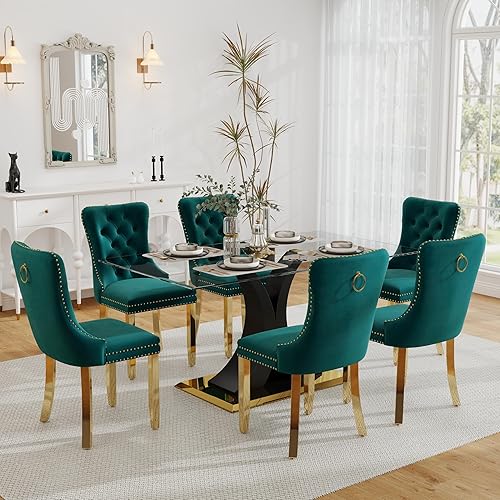 Miniatura 62 de Juego de mesa de comedor moderno de vidrio para 4, mesa de 160 cm de vidrio templado con base dorada estética y 4 sillas de comedor lujosas azules y