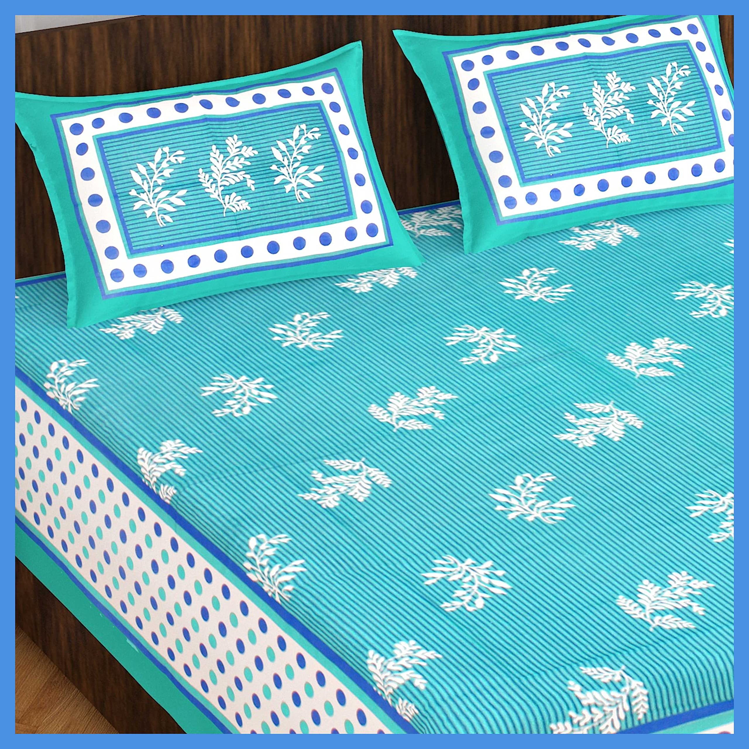 BedZone 120 TC Cotton Blend Floral Printed Jaipuri Bedsheet for Double Bed King Size with 2 Pillow Covers, Sea Green-picture-39