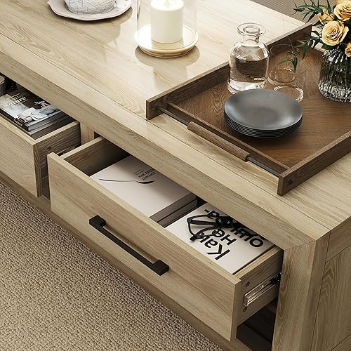 Miniatura 3 de Mesa auxiliar color avellana con 4 cajones de almacenamiento y estante abierto, asas de metal, mesa rectangular sólida de lujo moderna para sala de