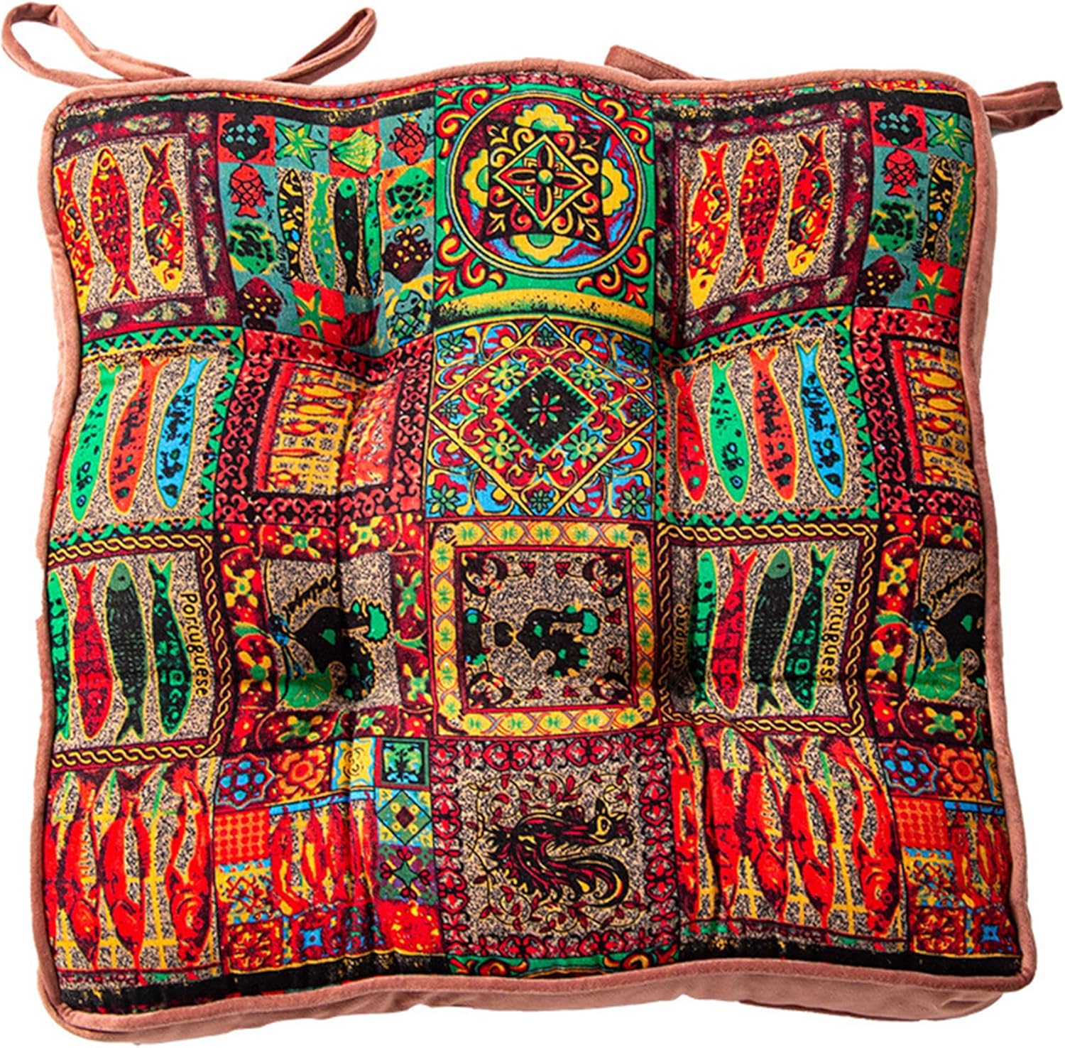 ELEFOCUS Bohemian Upholstered Chair Cushions Vintage for Dining Chairs, Floral Boho Velvet Decorative Seat Cushions with Ties (RED, 16X16inch)