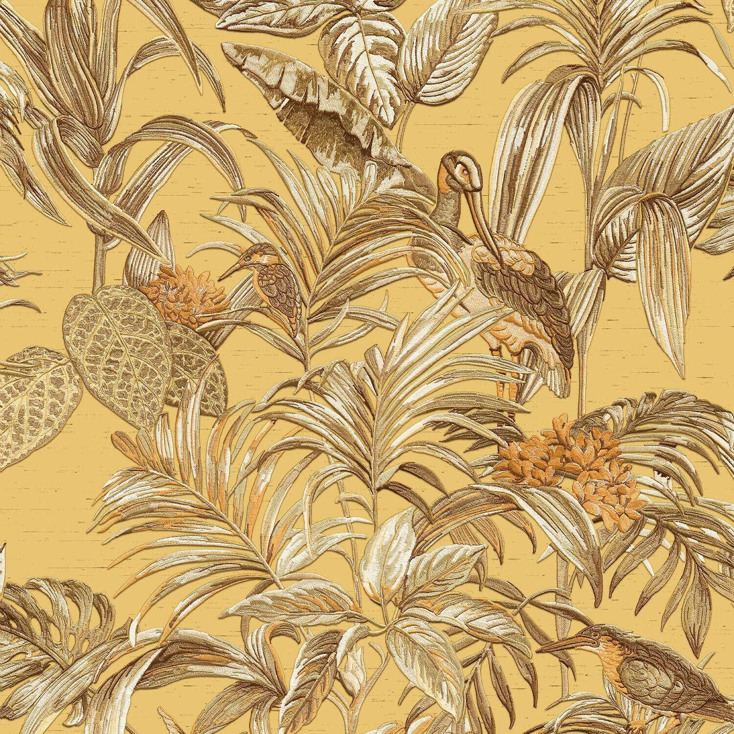 Yöl Gold - Sample Sample Cream Gold Tropical Wallpaper Birds Palm Textured Paste The Wall Vinyl