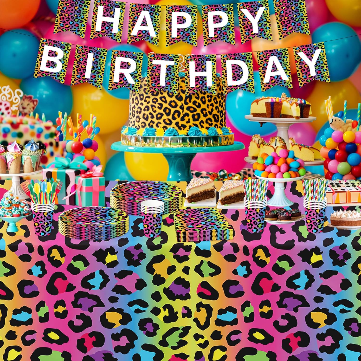 Leopard Party Decorations, 195Pcs Cheetah Print Birthday Party Supplies, Plate, Napkin, Cup, Banner, Tablecloth, Cutlery, Iridescent Rainbow Leopard Birthday Decorations, Serves 24