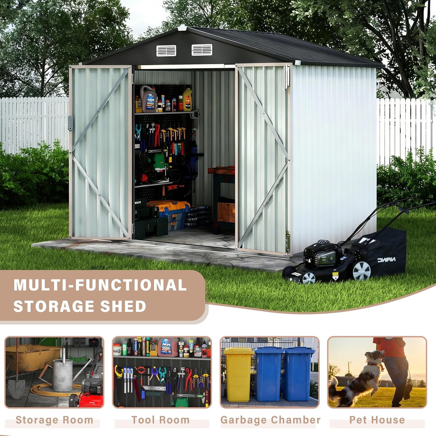 6x8 FT Metal Outdoor Storage Shed – Heavy-Duty Galvanized Steel Garden Tool Organizer with Lockable Door & Air Vents – Weather-Resistant Utility Shed for Backyard, Patio, Lawn – White