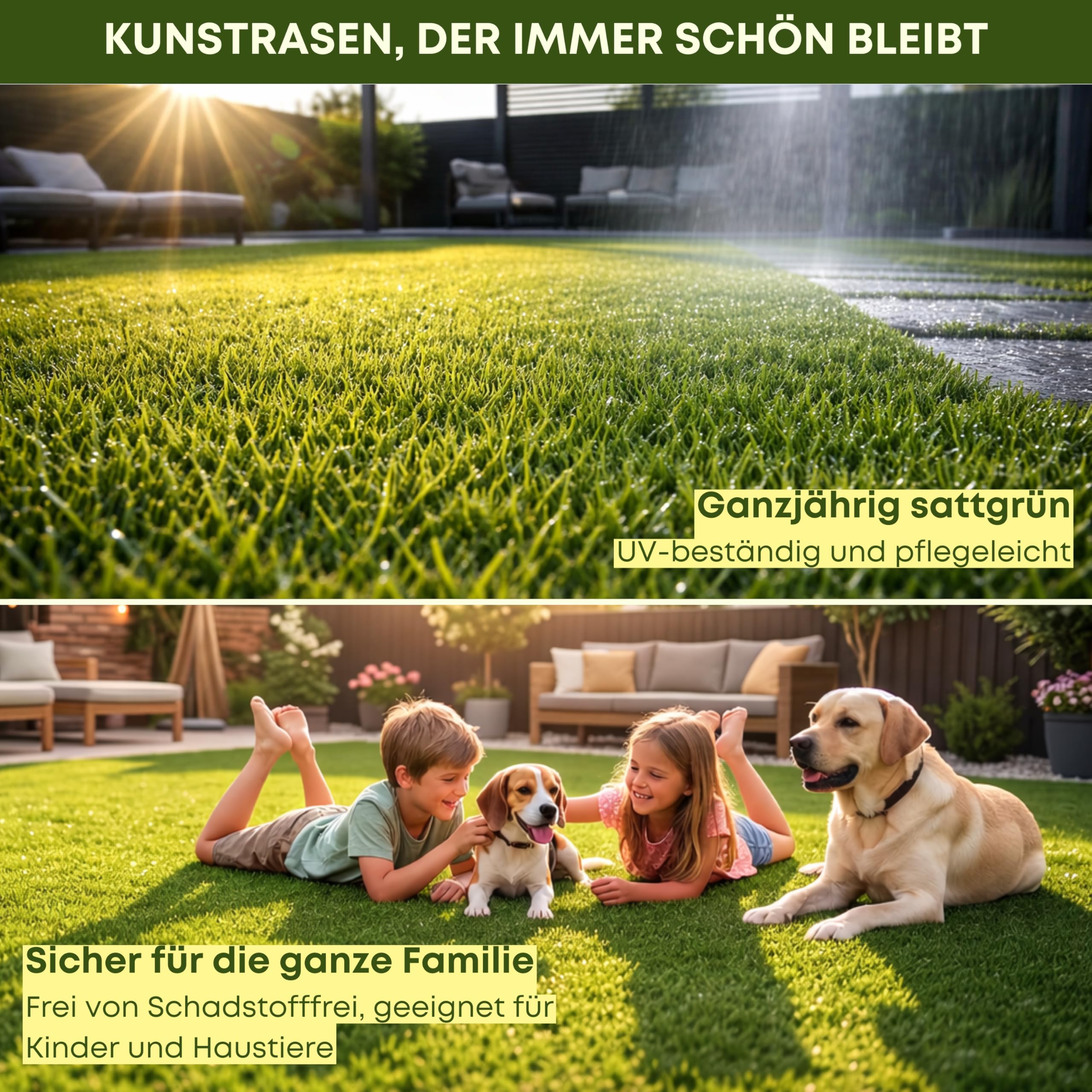 Kunstrasen 200 x 300cm (6m²) Florhöhe 35 mm - Für Balkon, Terrasse und Garten Outdoor - Natürliche Optik - Hohe Dichte mit 22.000 Stichen - UV-beständig mit Drainage - Haustierfreundlich