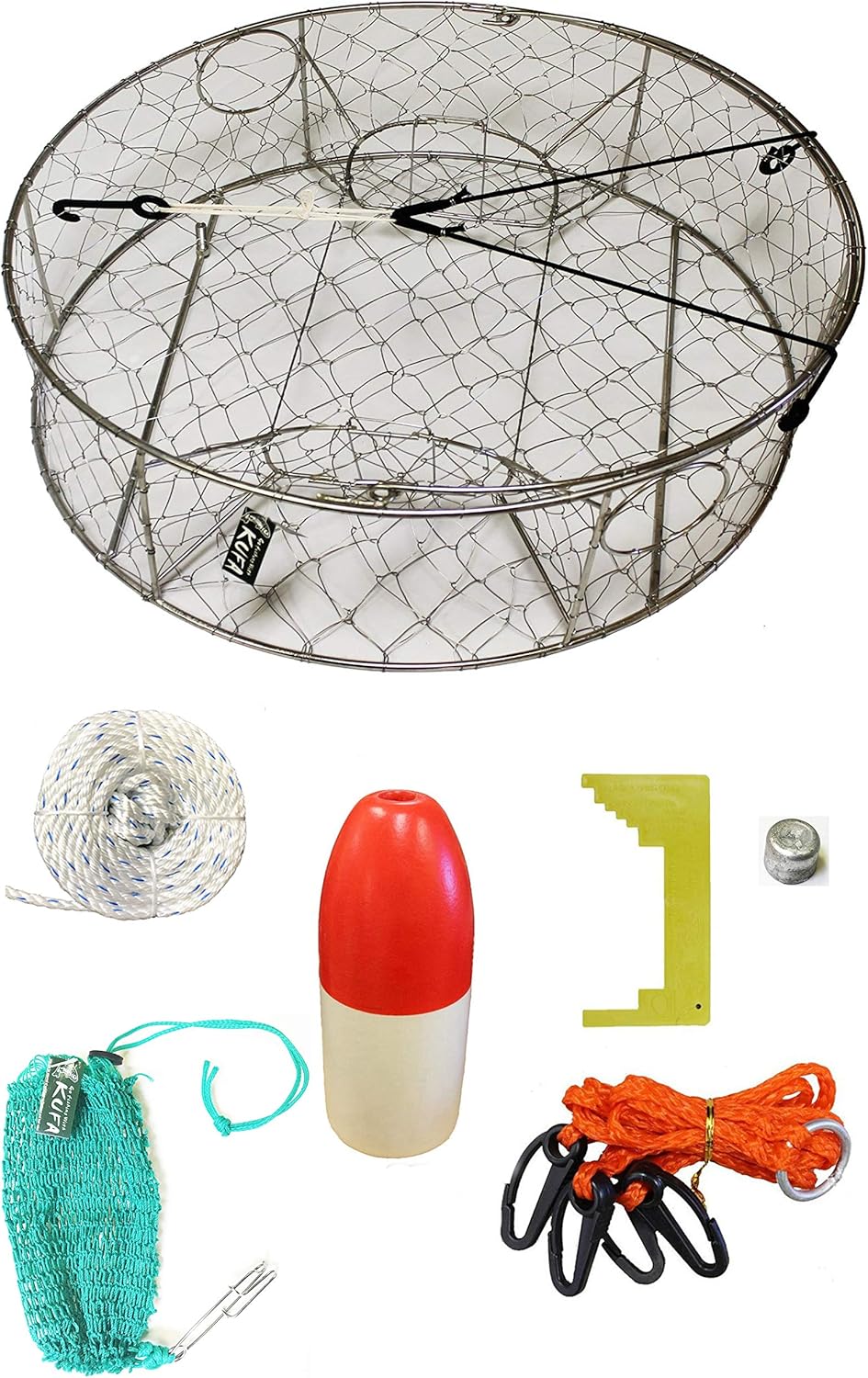 KUFA Stainless Steel Crab Trap with Zinc Anode & Accessory Kit (100' Non-Lead Sinking Line, Caliper,Harness,Bait Bag & 13" Red/White Float) CT100+CAS37+ZIN1
