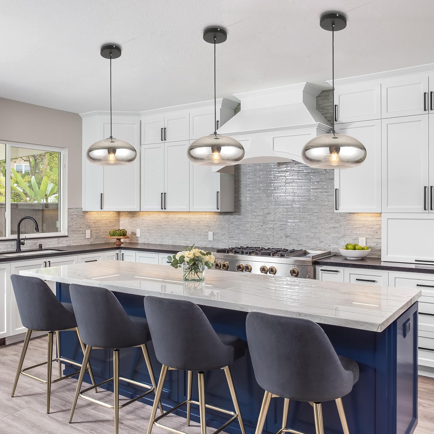 Vintage Glass Pendant Lights Kitchen Island with Handblown Shade,Adjustable Hanging Light Fixtures for Kitchen Island, Dining Room, Hallway - 11 Inch Silver Gray