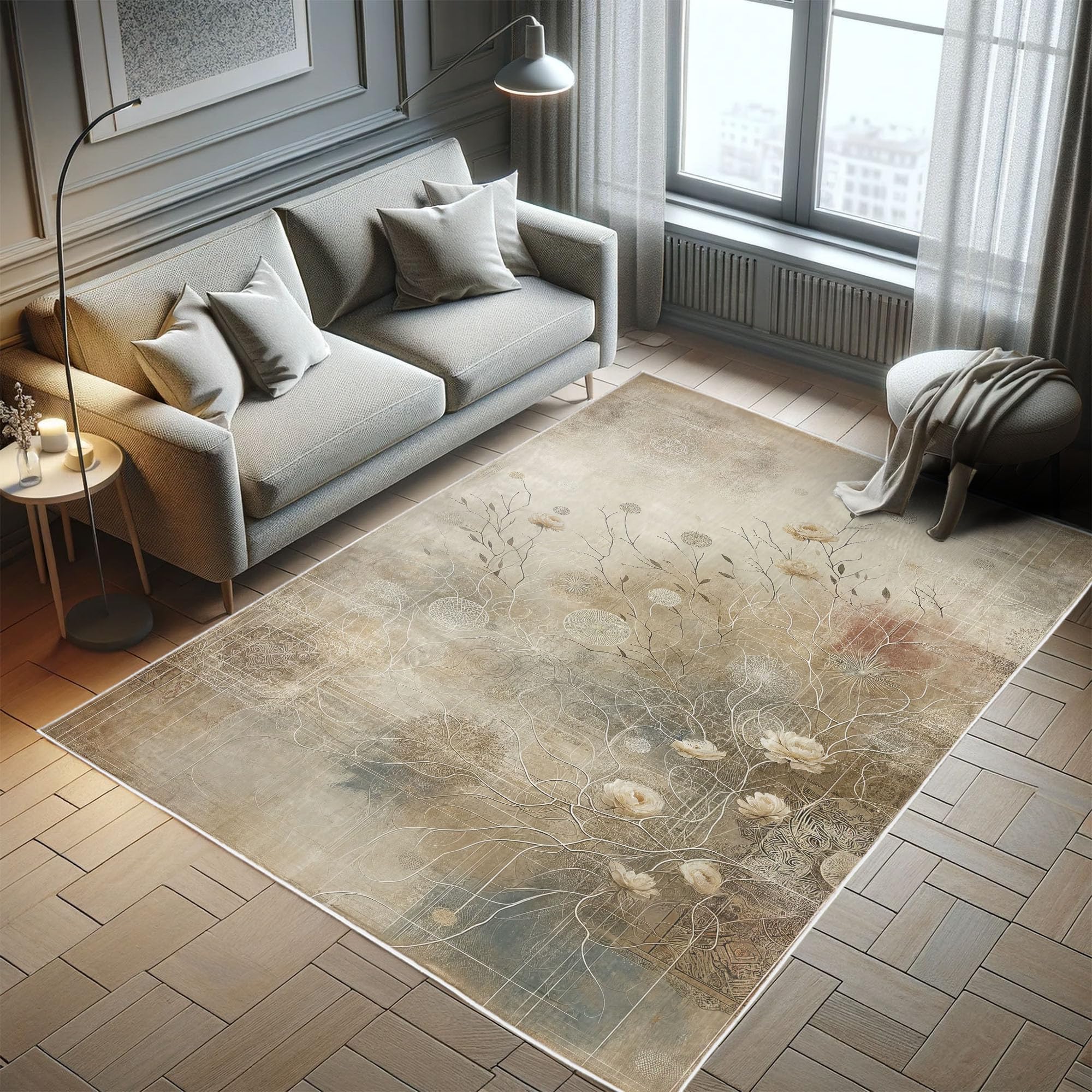 Ambesonne Bohemian Decorative Rug, Boho Botanical Pattern of Thin Dried Branches and Blooming Roses, Quality Carpet for Bedroom Dorm and Living Room, 2' X 3’ Dark Tan Blue and Pale Sepia