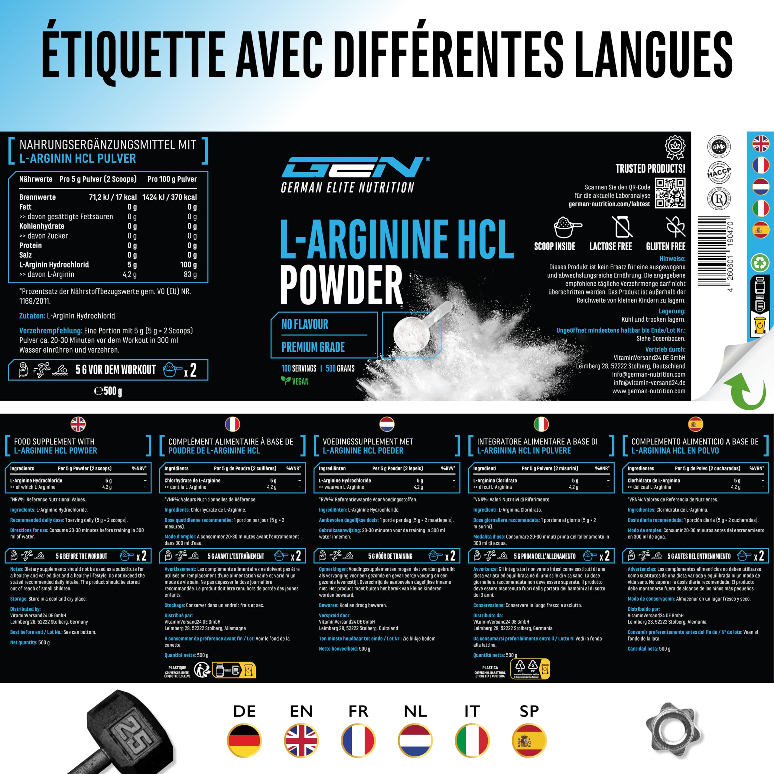 L-Arginine HCL - 500 g en Poudre - L-Arginine Hydrochloride - Premium : Acides Aminés Végétaux - Solubilité optimale - Poudre pure Sans Additifs - Végan