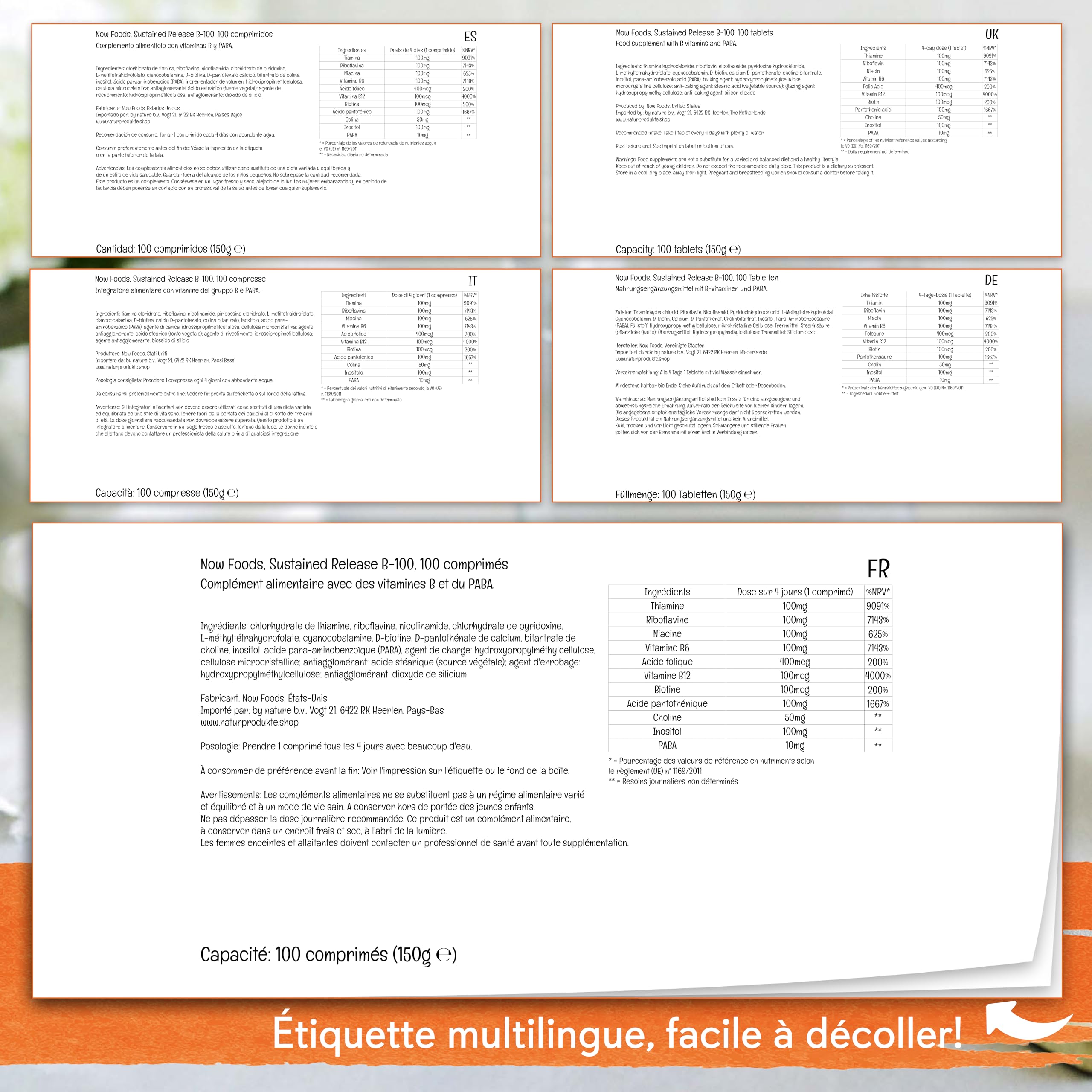 Now Foods, Vitamin B-100 Sustained Release, Complexe de Vitamine B, Haute Dosé, avec PABA, 100 Comprimés végétaliens, Testé en Laboratoire, Sans Gluten, Sans Soja, Végétarien, Sans OGM