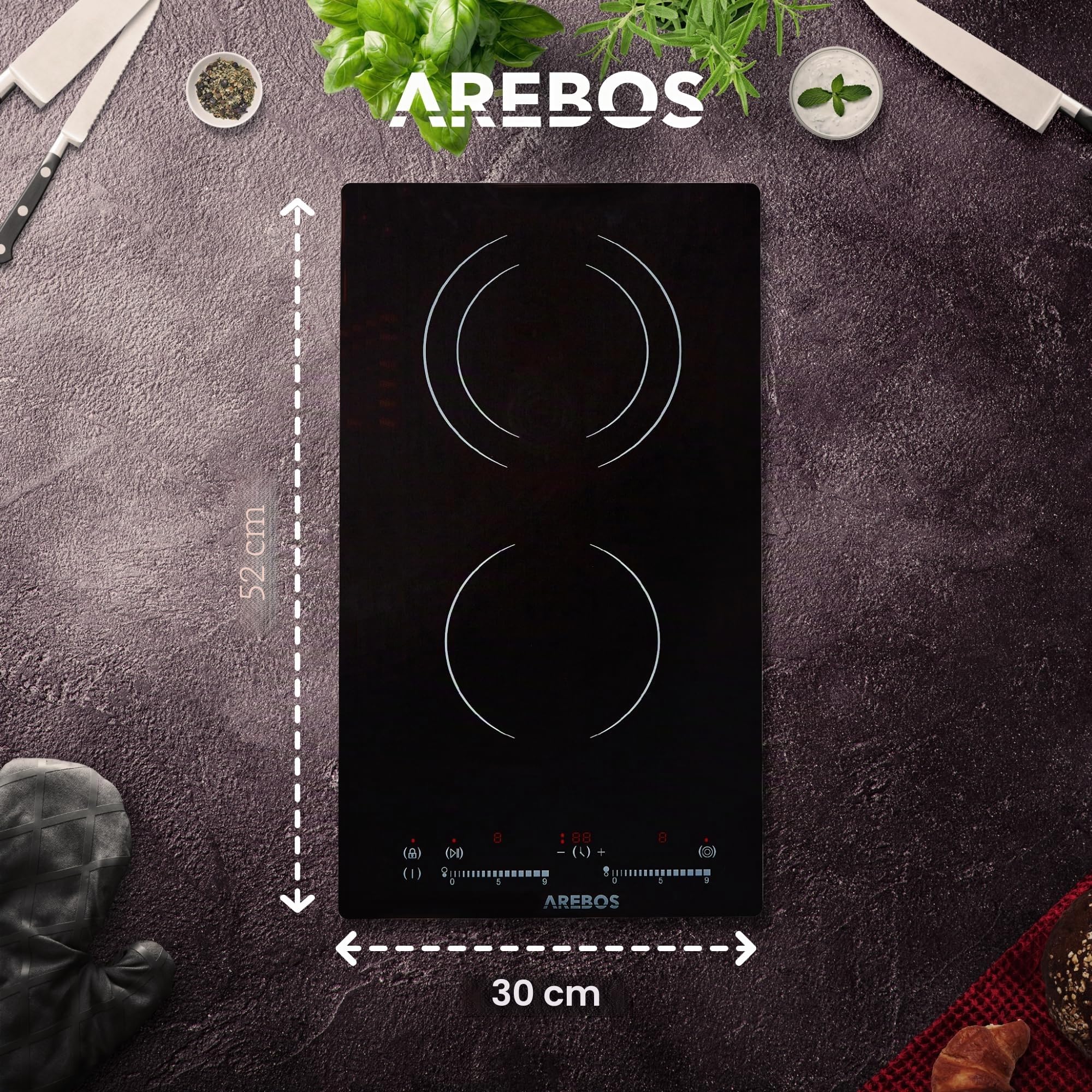 Arebos Piano cottura vetroceramica elettrica | doppia piastra di cottura in vetroceramica | 2 Fuochi | Touch Control | Led Display | 3000 W