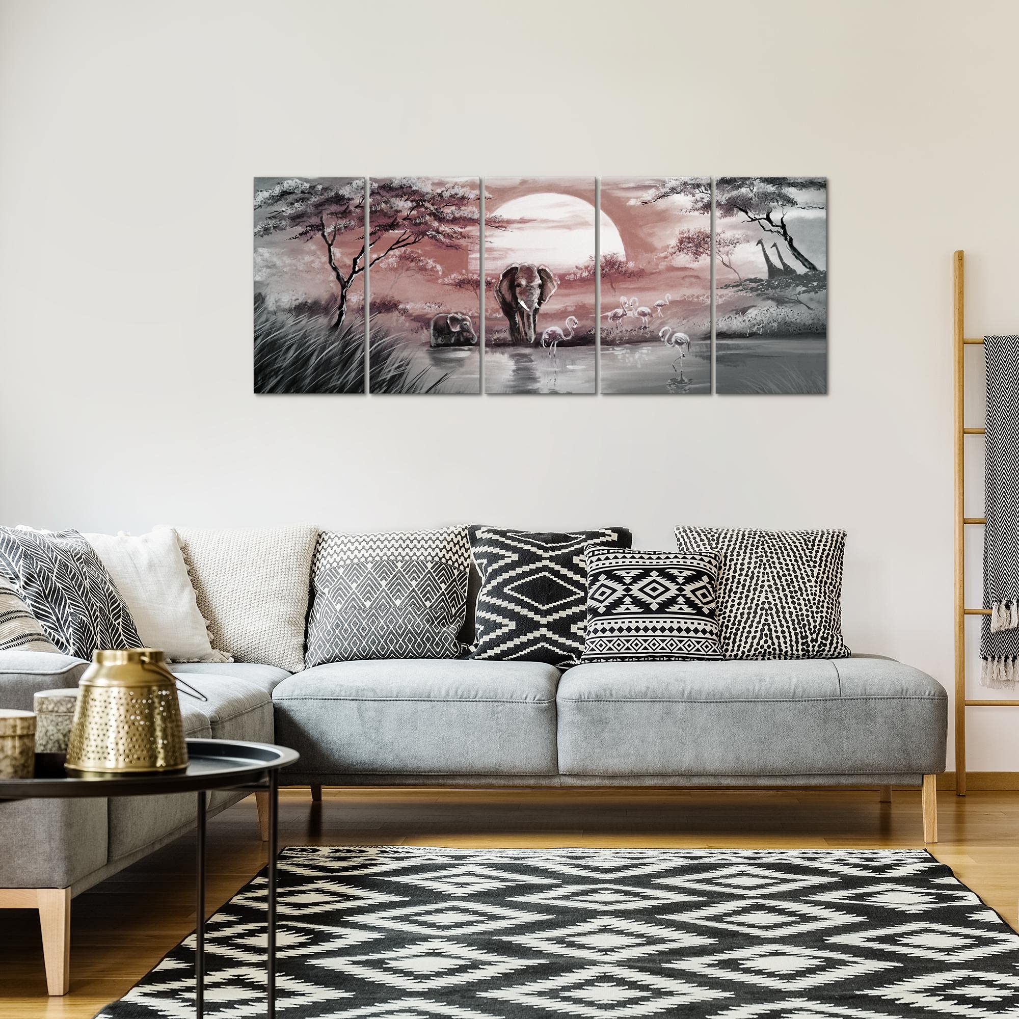 Runa Art Murali XXL Africa Elefante 200 x 80 cm Rosa Grigio 5 Pezzi - Made in Germany - 001155c