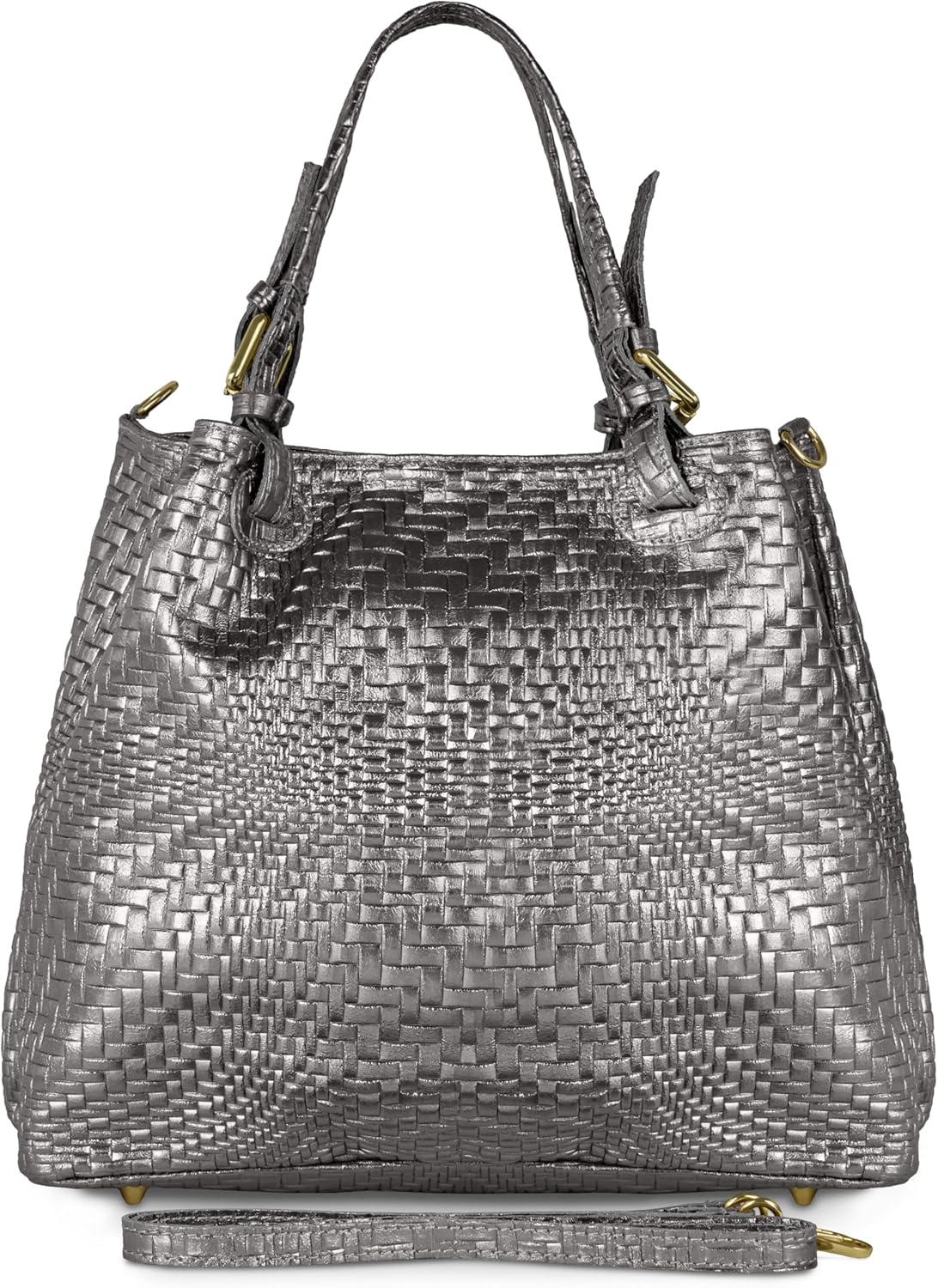 Italian Genuine Suede Top-Handle Bag for Women with Metallic Grid Texture & Removable Strap | Medium Shoulder Handbag