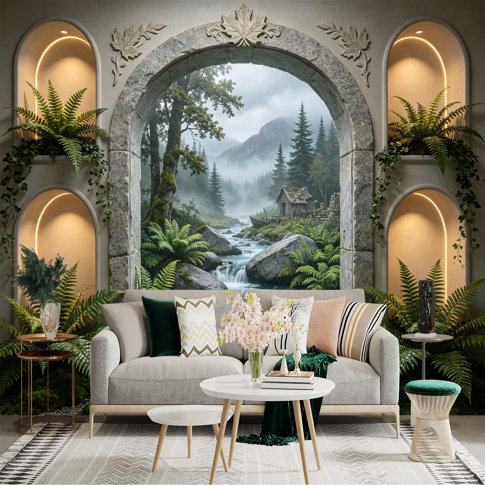 Custom Size Wall Sticker Mural， Mountain Cabin by River， Forest Landscape with Waterfall and Ferns， for wall Decoration， peelandstick wall Decals.