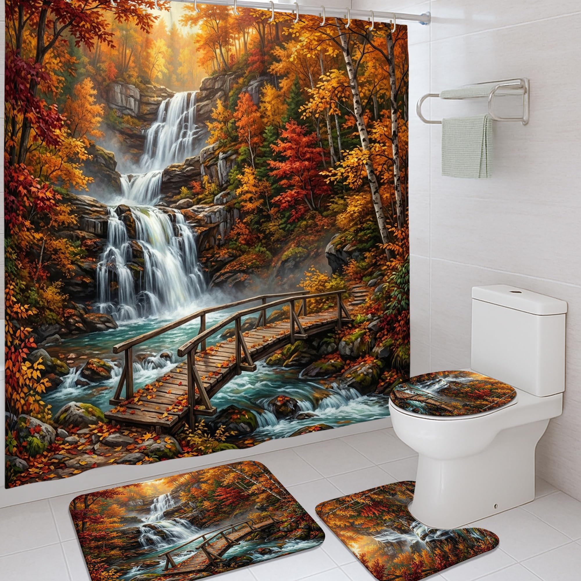 Rideau de douche automne 183x183 avec tapis de bain paysage cascade