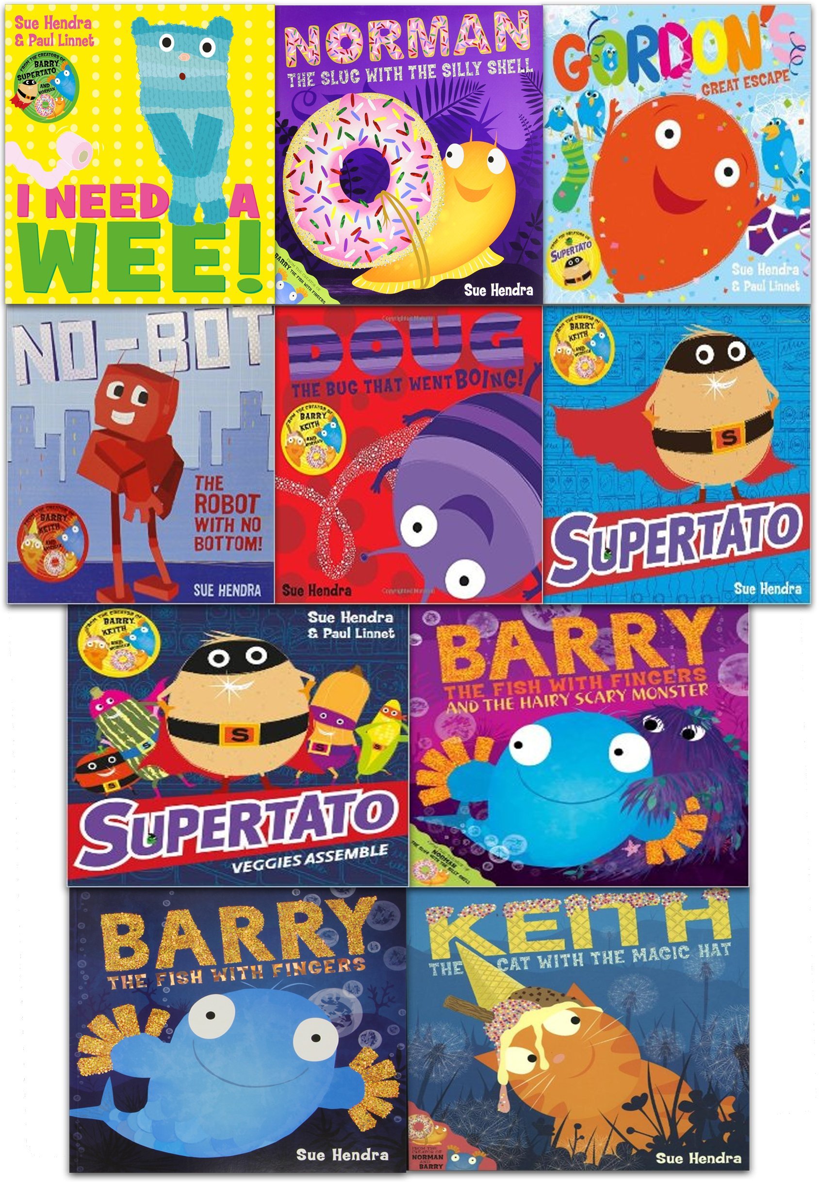 Supertato and Other Stories Collection 10 Books Set Pack by Sue Hendra (Supertato, Supertato Veggies Assemble, Keith the Cat with the Magic Hat, Barry the Fish with Fingers, Norman The Slug with the S