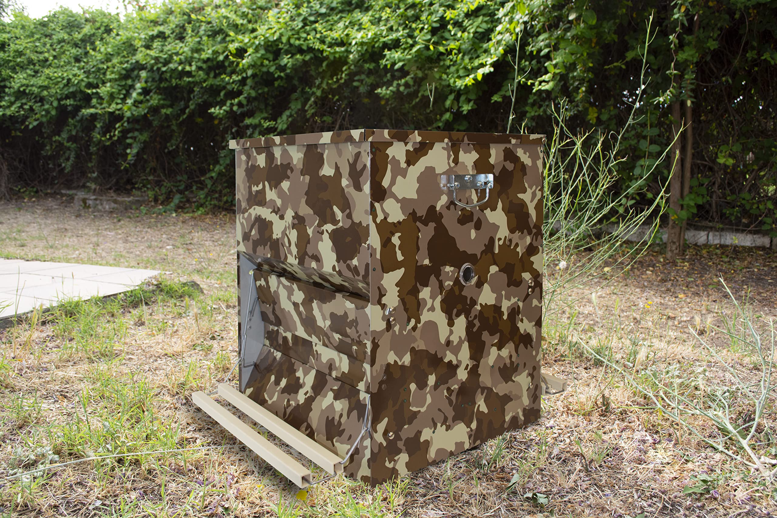 Tolva Autoservicio para Gallinas - Comedero AntiRatones y Antipájaros - Gran Capacidad (50 kg) - Pedal a Dos Caras - Diseño Camuflaje