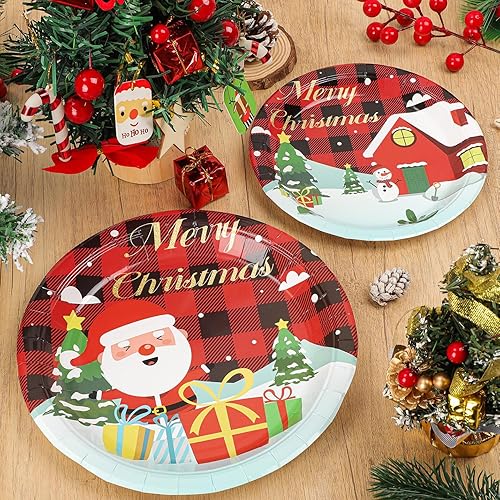 Miniatura 4 de DUOCUTE Platos de papel de Navidad, 40 unidades, 9 pulgadas y 7 pulgadas, platos de papel desechables a cuadros de Papá Noel para Navidad, cena,
