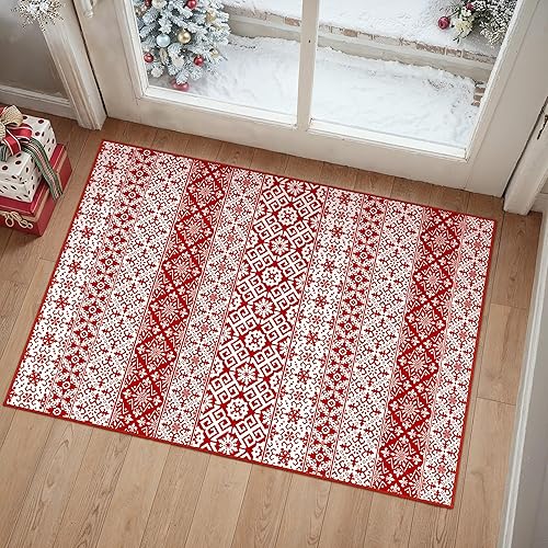 Miniatura 12 de Alfombra de área de Navidad 5 x 7 pies, copos de nieve rojos, alfombra decorativa festiva para sala de estar, dormitorio, alfombra antideslizante