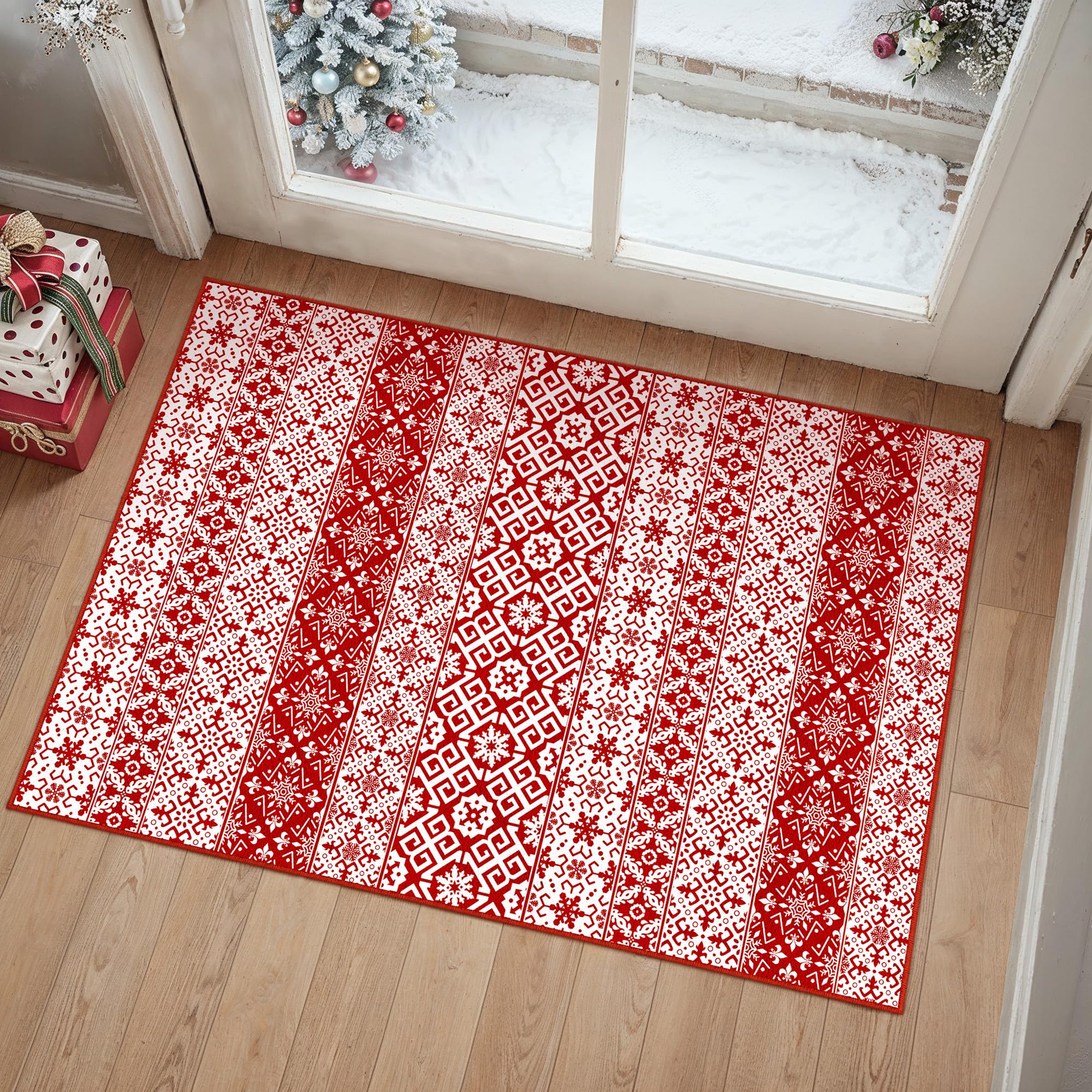WondRg Christmas Area Rug 2x3 Red Snowflake Holiday Decorative Doormat Entryway Kitchen Washable Non Slip Soft Low Pile Small Carpet for Living Room