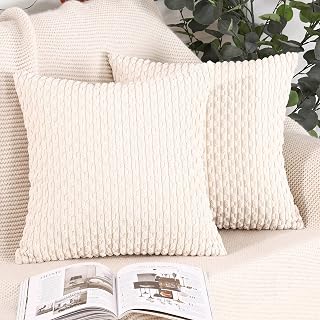 MADIZZ Pack of 2 Boho Striped Corduroy Throw Pillow Covers 18x18 Inch Cream White Soft Decorative Cushion Cover for Bedroom Sofa Pillow Shell