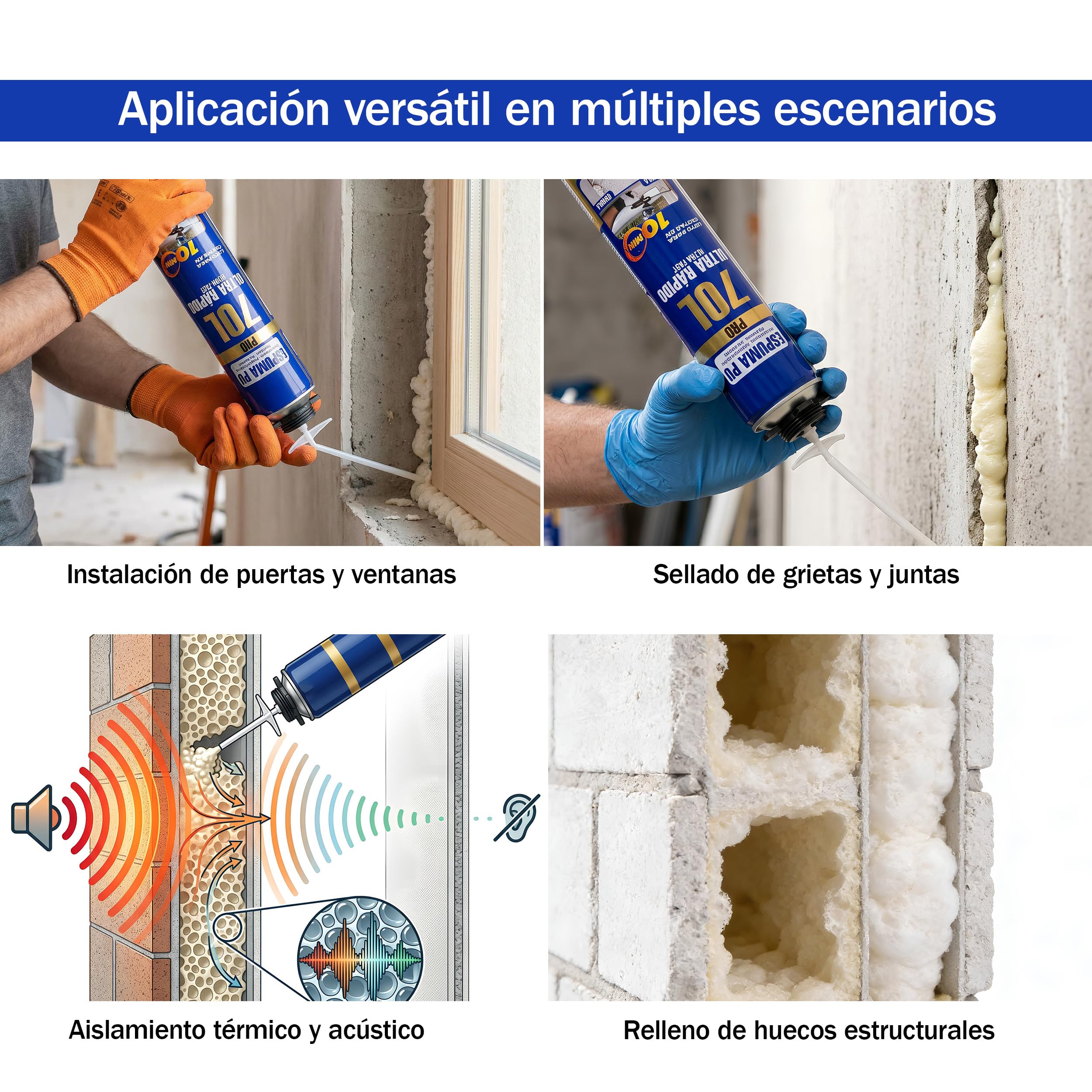 Espuma de Poliuretano 70L 750ml con Cánula – Espuma Expansiva Ultra Rápida para Sellado de Grietas y Huecos – Aislamiento Térmico y Acústico – Espuma para Construcción, Puertas y Ventanas x8 Unidades