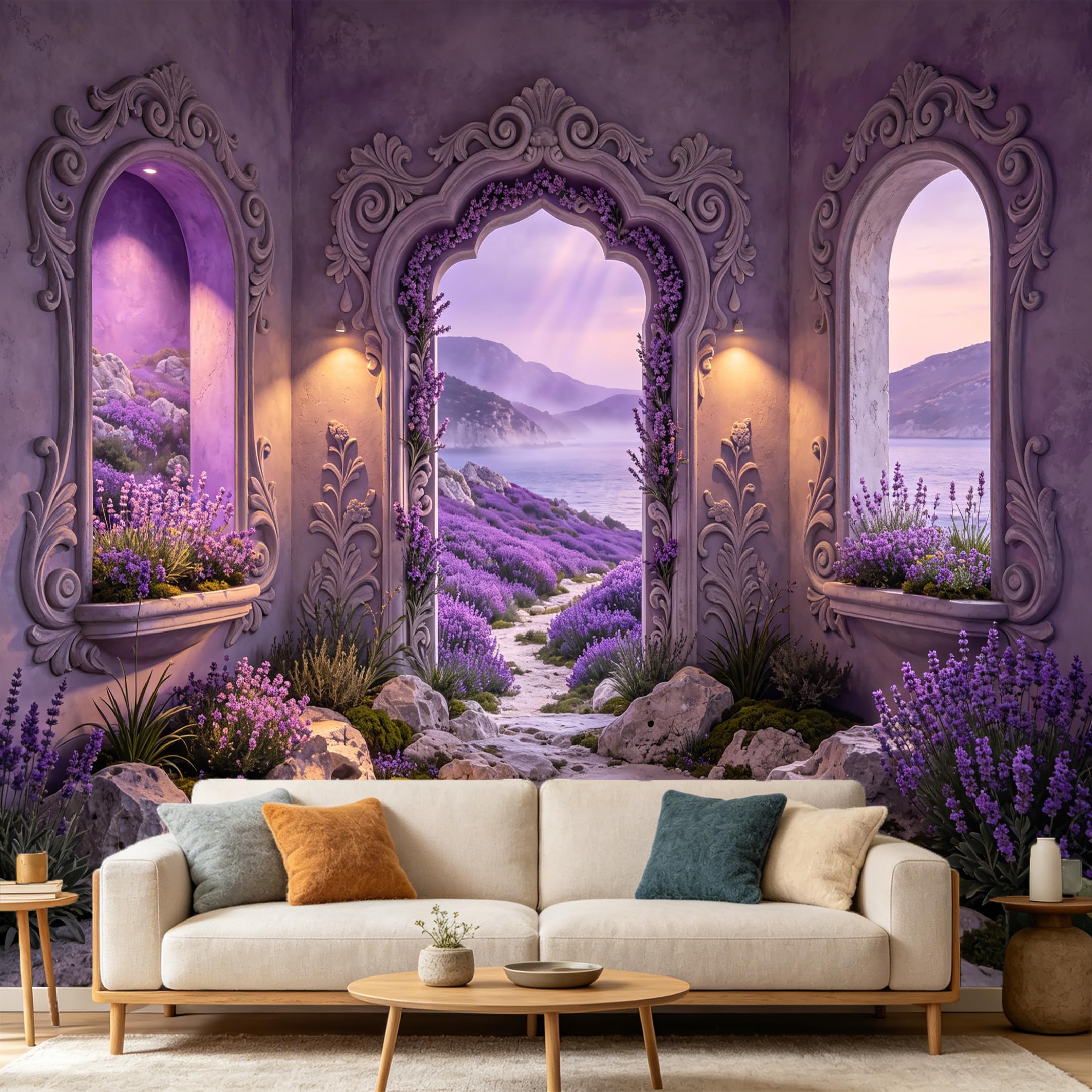 Custom Size Wall Mural， 3D Trompe L'Oeil Mediterranean Lavender Archway Seaside Landscape， SelfAdhesive Art Prints wall Fabric Removable Large Wallpaper Home Living Room Decor