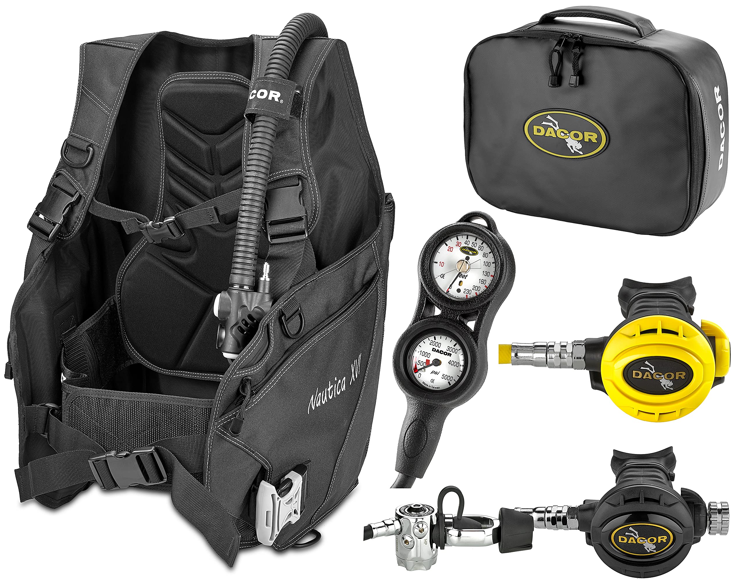 Mares Dacor Open Water Dive Scuba Gear Package | Scuba BCD - First and Second Stage Regulator with Octo | Analog Console with SPG PSI + Scuba Regulator Bag