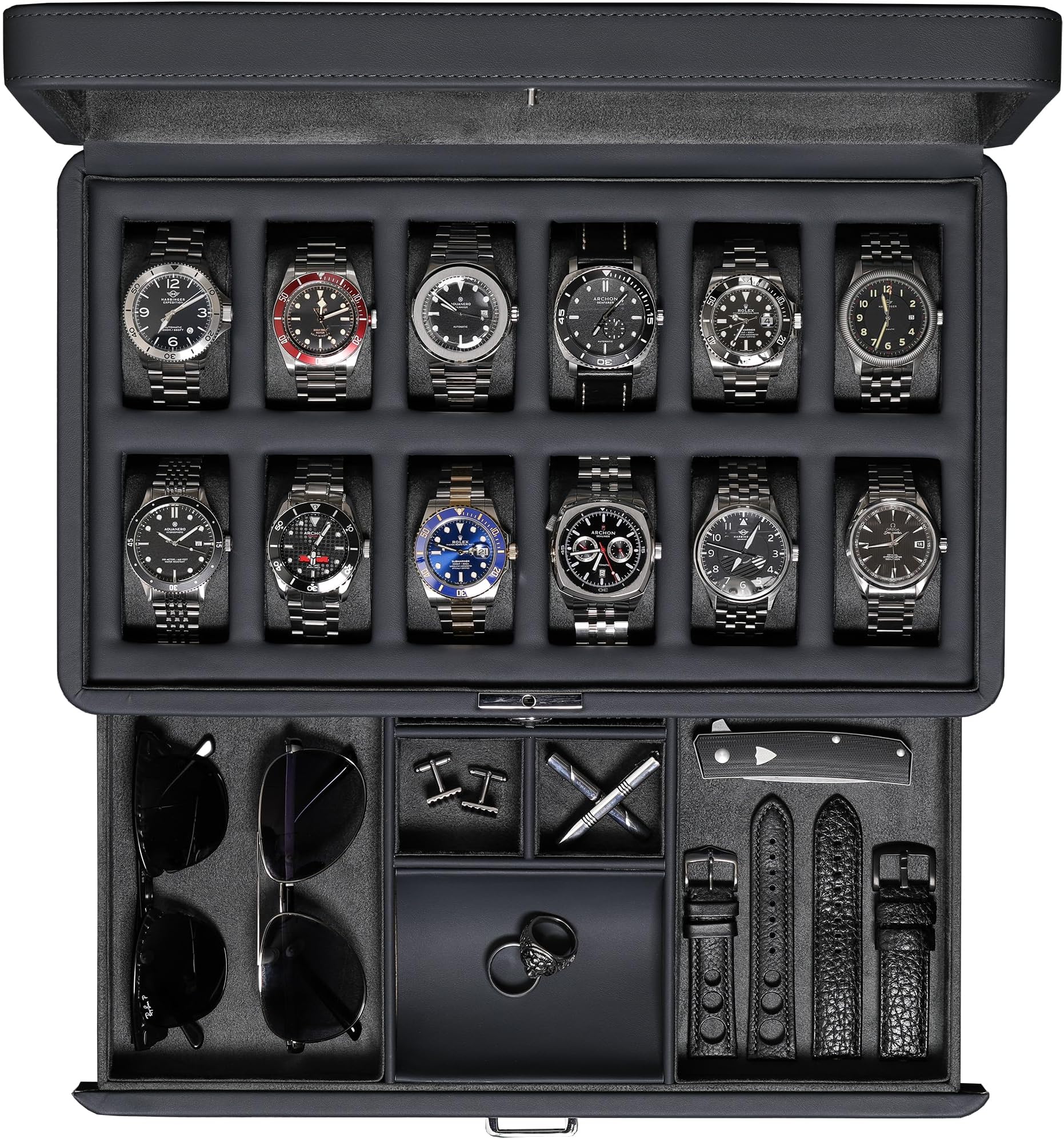 ROTHWELL Luxury Watch Box for 12 Watches – PU Leather Watch Box with Real Glass Lid – Slide out Accessory Drawer with Multiple Compartments (Carbon)