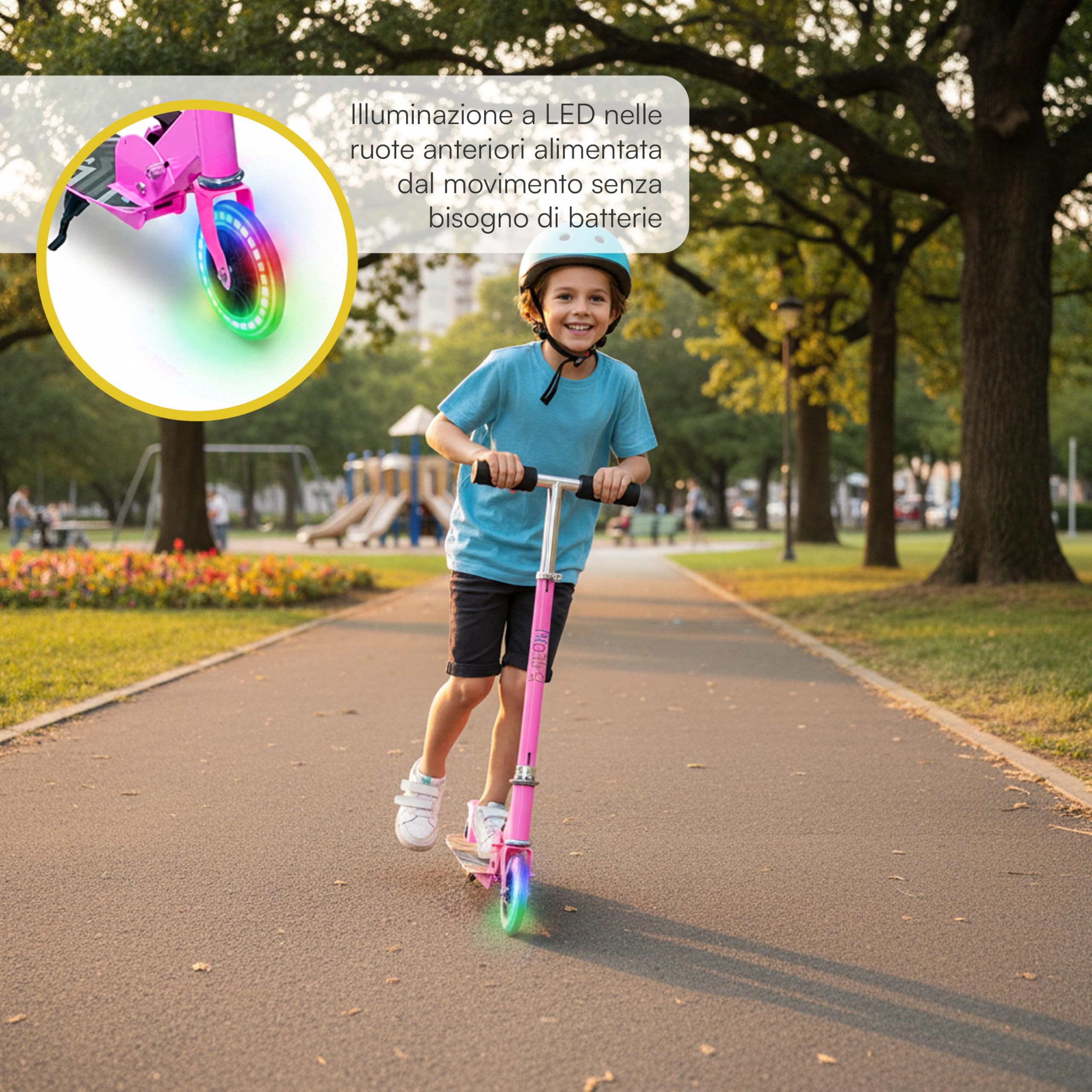 Baroni Toys Monopattino per Bambini dai 3 Anni con Ruote LED, Monopattino in Ferro, LED Senza Batterie, Manubrio Regolabile 60-80 cm, Richiudibile e Salvaspazio, Freno Posteriore, 28x70x80cm