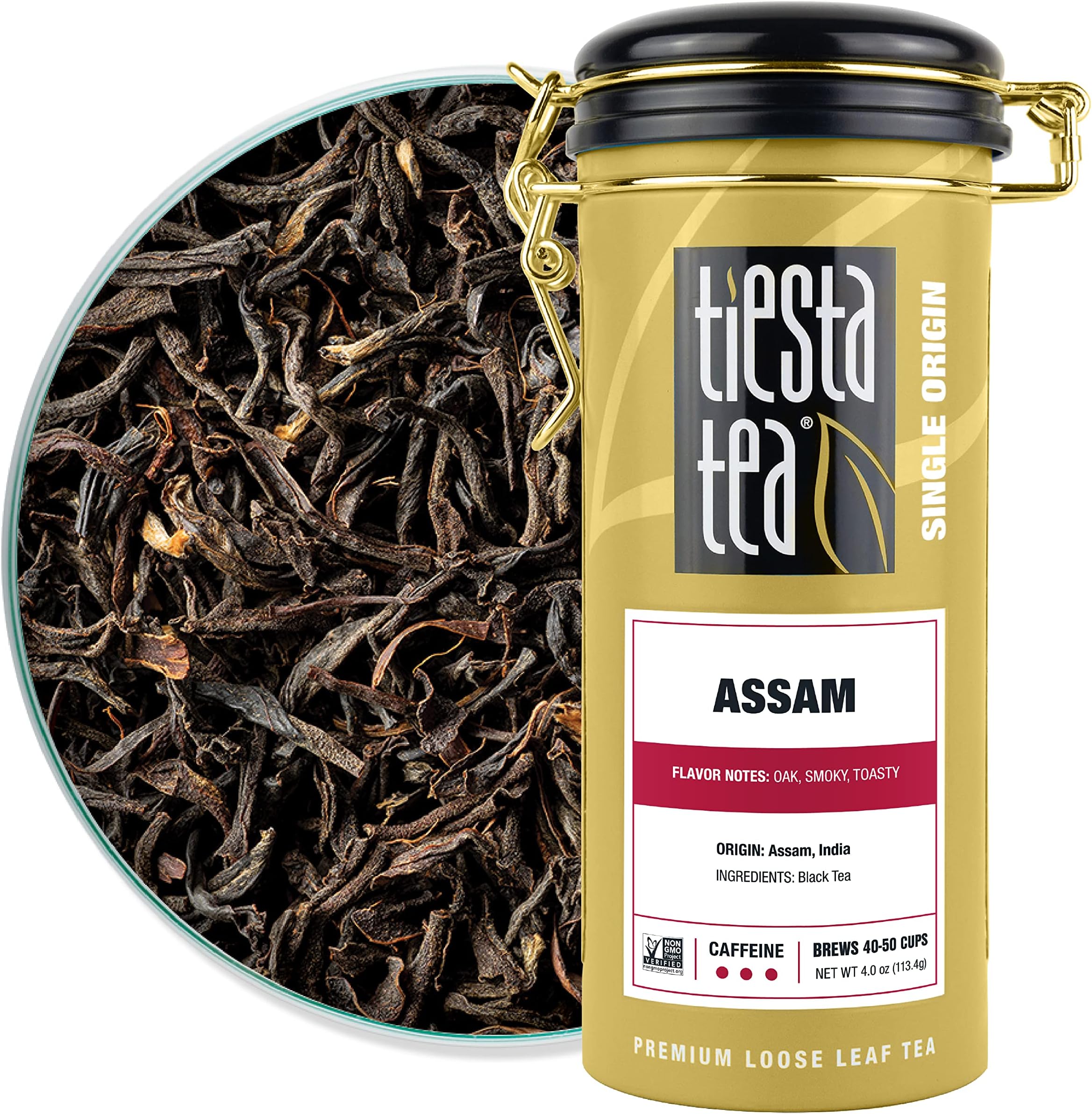 Tiesta Tea - Assam Black Tea, Loose Leaf, Single Origin Premium Black from India, High Caffeinated, Make Hot or Iced & Brews Up to 50 Cups, Pure Unblended, 4oz Refillable Tin
