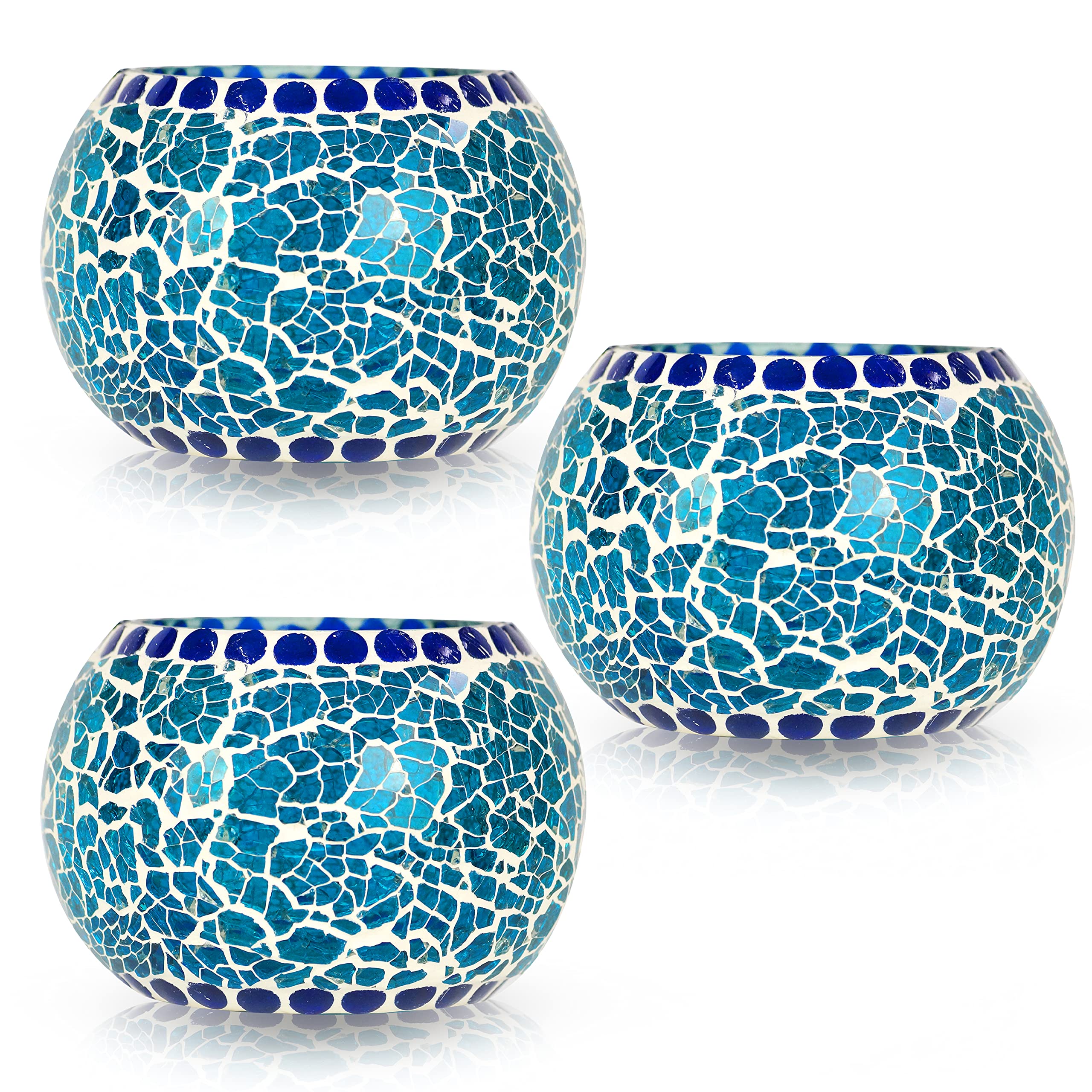 Asian Aura Mosaic Glass Tealight/Scented Candle Holders/Mosaic Votives for Home Dcor | Diwali Decoration Items for Home Decor | Pack of 3 - Blue Mosaic Glass T-lite Votive with 3 Tea Light Candle-picture-17