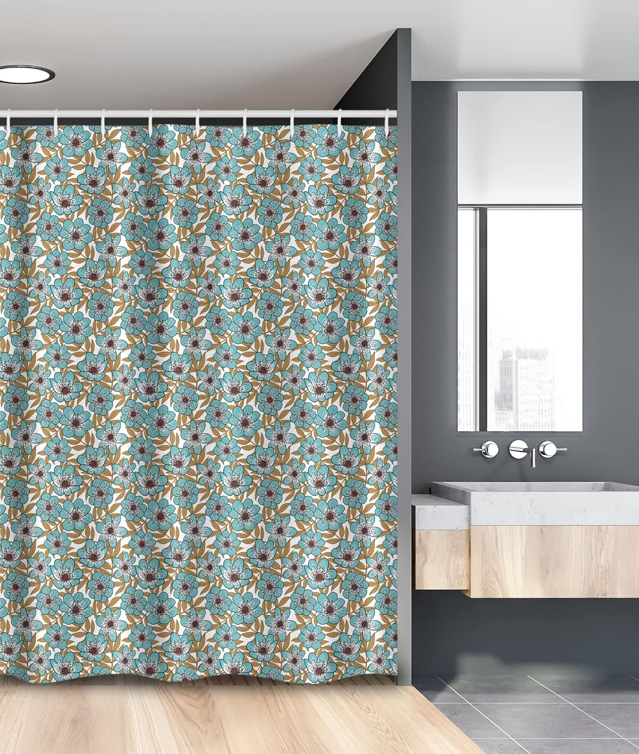 Ambesonne Floral Stall Shower Curtain, Continuous Flowers Pattern Vintage Look Calm Tones Illustration, Fabric Bathroom Decor Set with Hooks, 54" W x 78" L, Pale Teal Pale Brown
