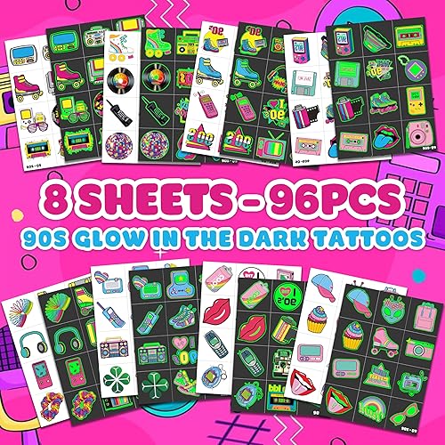 Miniatura 3 de 96 piezas de tatuajes temporales luminosos precortados de regreso a los años 90 y 80 para niños, decoración de fiesta de cumpleaños, suministros de