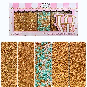 Confect Celebration Sprinkles Mix Yellow, Teal, Pearl Dragees, Champagne Gold Jimmies & Sparkling Sugar Cake & Cupcake Decorating Sprinkles for Spring, Parties, and Baking Decor | Vegan, Gluten-Free, Nut-Free, Soy-Free, Dairy-Free, Palm Oil-Free - 5 Oz