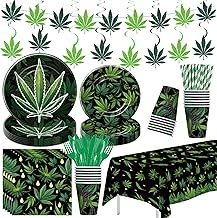 Weed Party Decorations Supplies, Weed Birthday Decorations, Paper Plate, Napkin, Cup, Tablecloth, Banner, Swirls, Green Pot Weed Leaves Party Decor For Adults 420 Birthday, Serves 24