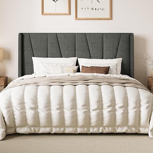 Miniatura 10 de SHA CERLIN Base de cama tamaño King con cabecera geométrica con respaldo de ala, cama de plataforma tapizada con espacio debajo de la cama de 8