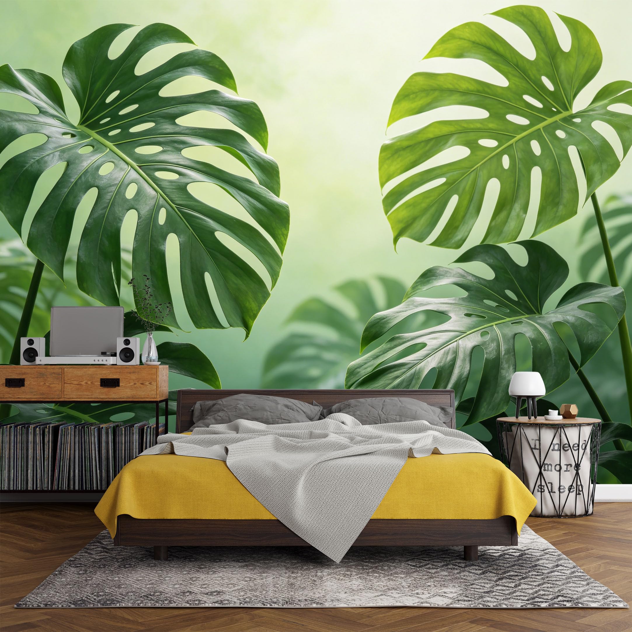 Custom Size Wall Mural， Tropical Monstera Leaves Botanical Green Jungle Foliage，SelfAdhesive Art Prints wall Fabric (No PVC) Removable Wallpaper Living Room Decor