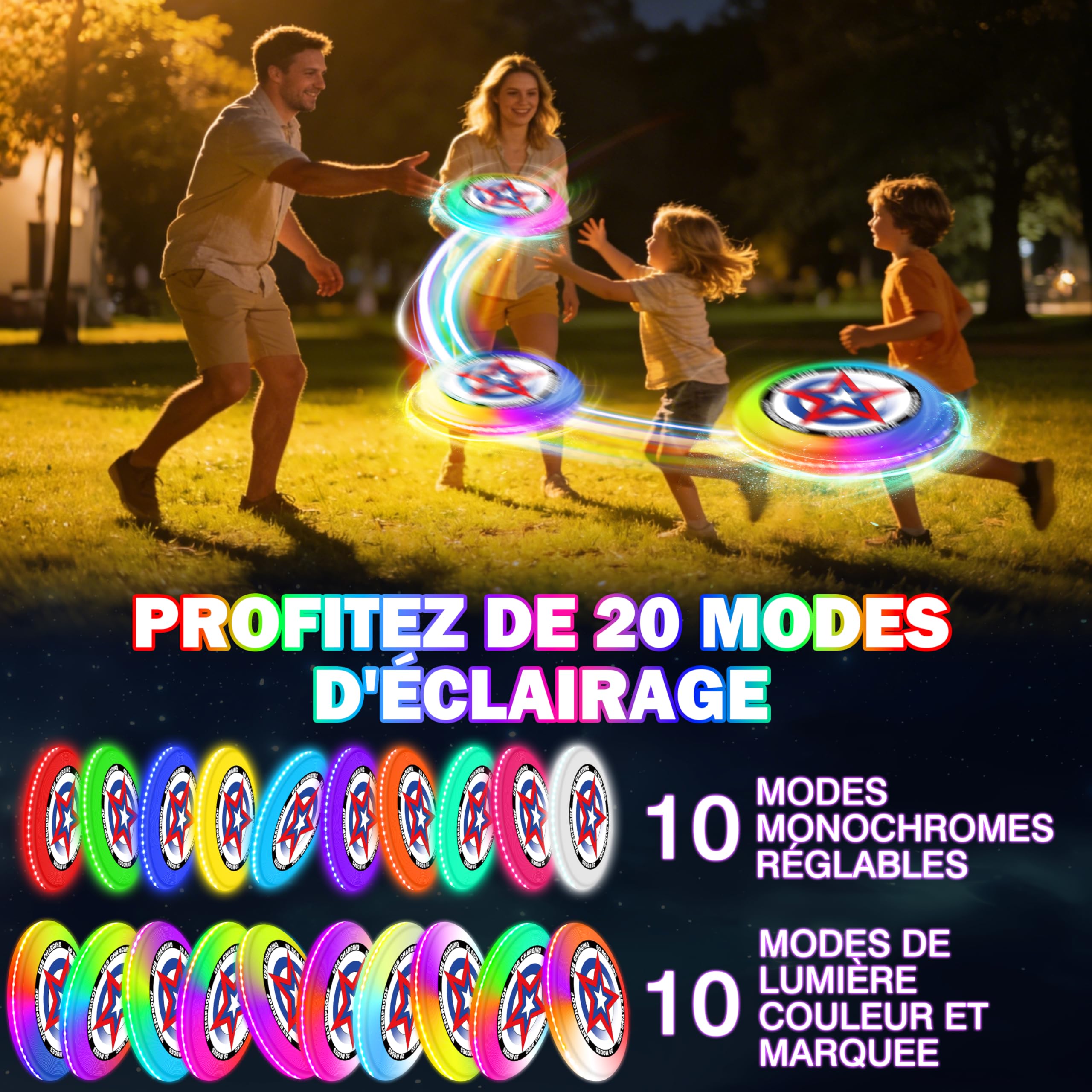 Frisbee Lumineux avec 20 Effets Lumineux, Imperméable, Capable de Flotter sur l'eau, Anneau Volant 60 LED, Jouet Jeux d'extérieur Cadeaupour Adultes Enfants, LED Frisbee pour Plage Pelouse Camping