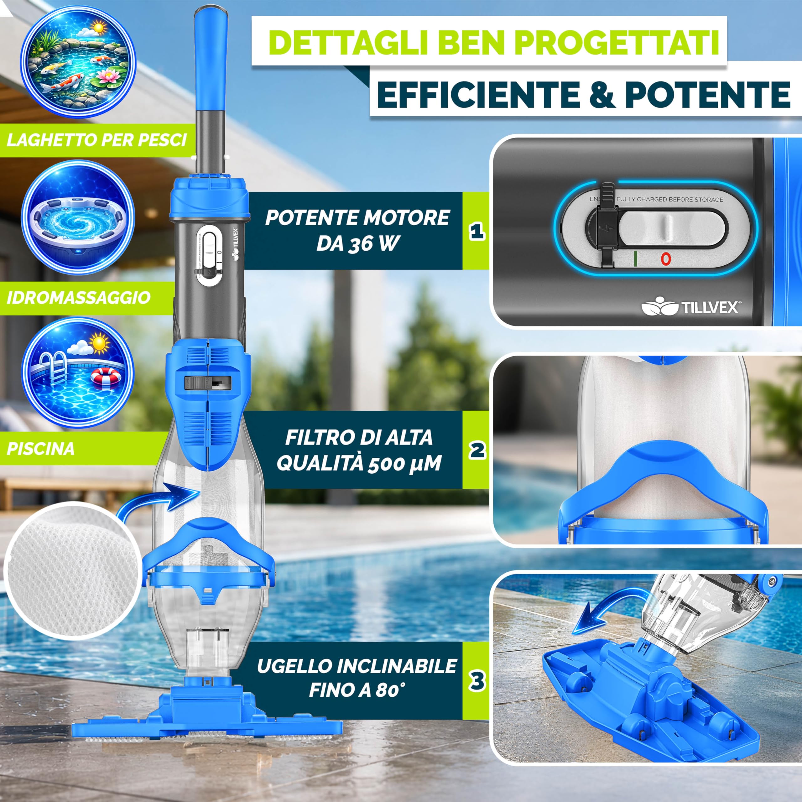 tillvex Aspirapolvere per piscina con batteria ricaricabile e asta telescopica fino a 15 m³ | Aspirapolvere elettrico per fondo piscina con 2 filtri, autonomia di 60 minuti e modalità turbo