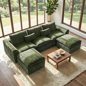 Modern Sectional Cloud Couch - 120 Soft Modular Sectional Sofa No Assembly Required - Deep Seat Couches with 2 Movable Ottomans - Oversized Chenille Sofa for Living Room - Green