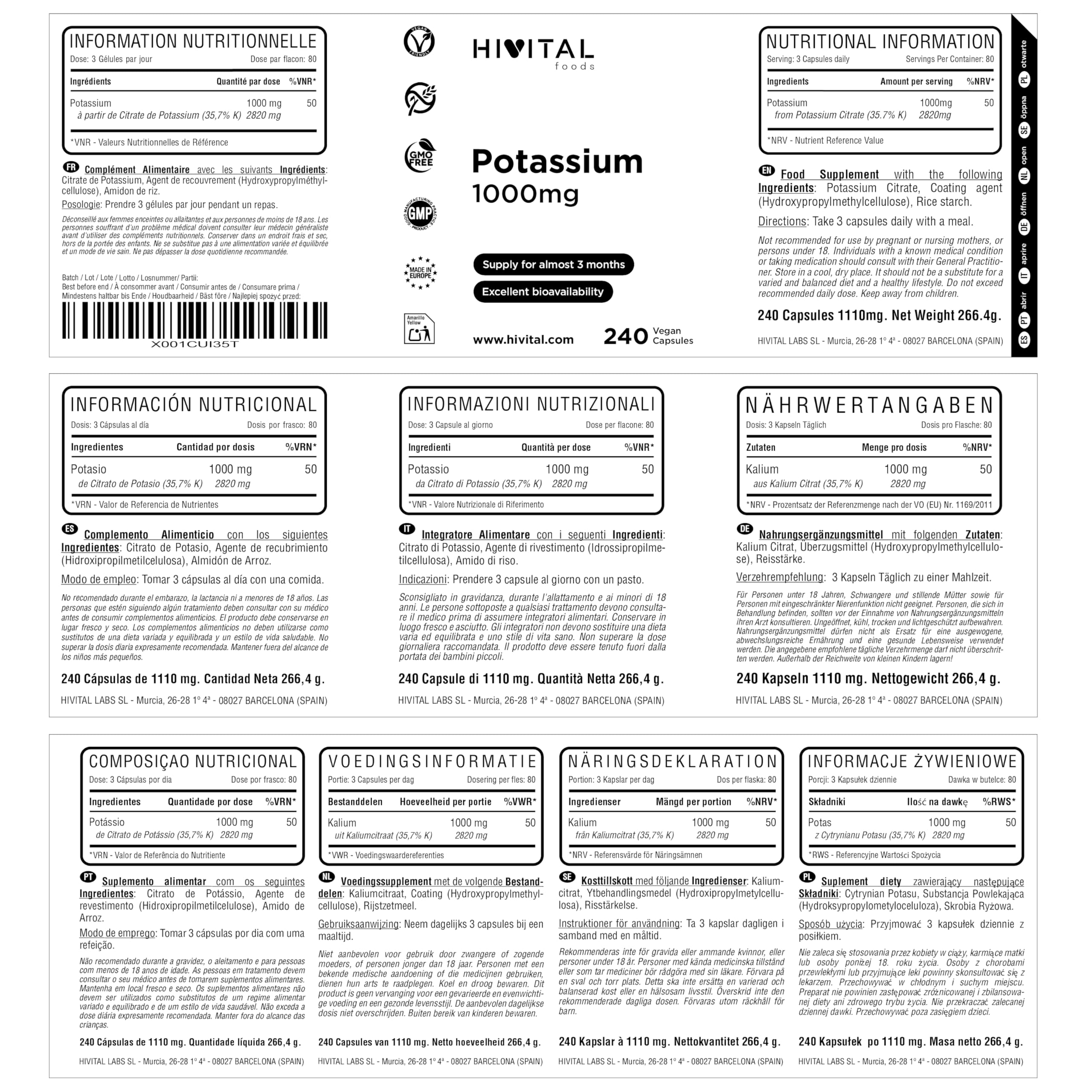 Potassio puro 1000 mg da sale organica Citrato di Potassio. 240 capsule vegane per oltre 2 mesi di trattamento. Minerale essenziale per l'organismo. Prodotto in Europa da HIVITAL