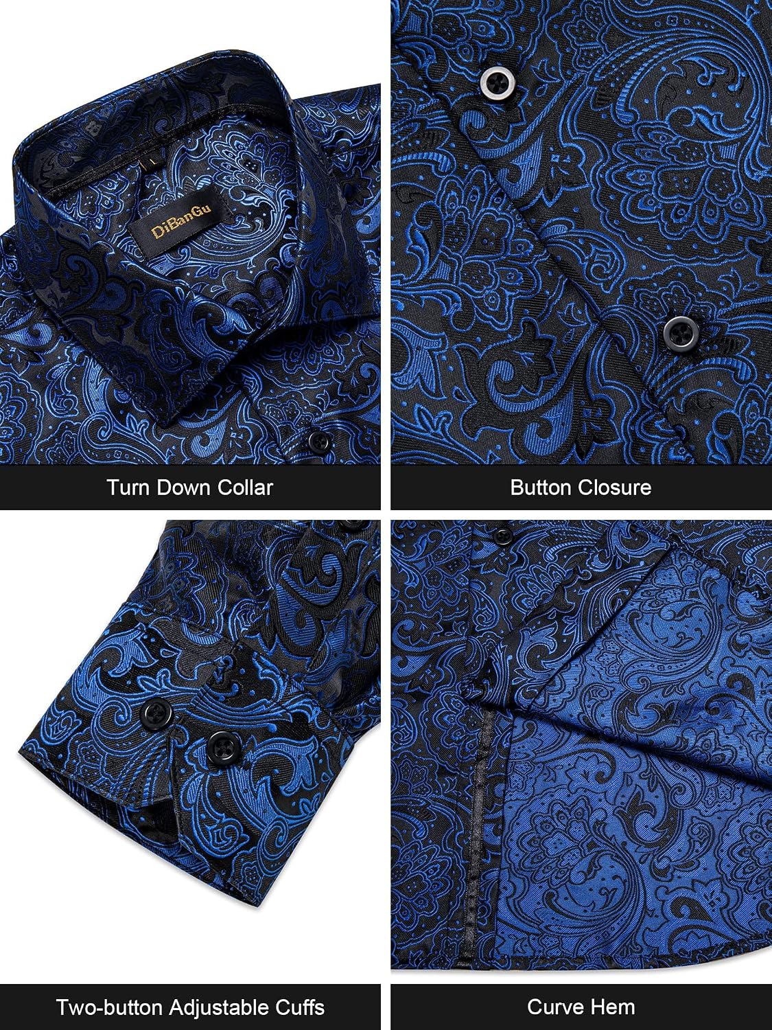 DiBanGu Mens Silk Paisley Dress Shirts,Long Sleeve Button Down Shirt Casual Regular Fit Shirt for Men Wedding Party