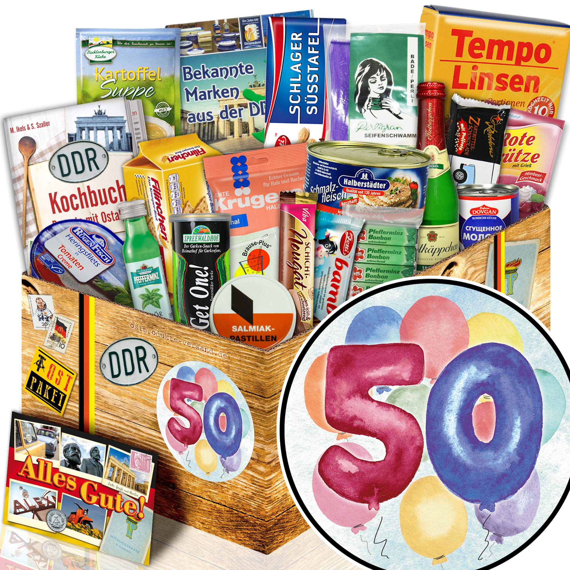 Ostalgie 18er Ostpaket - DDR Geschenkset zum 50. Geburtstag mit Kochbuch | Kulinarische Zeitreise mit Sekt, Süßwaren und herzhaften Spezialitäten - Ideal für Männer und Frauen zum runden Jubiläum