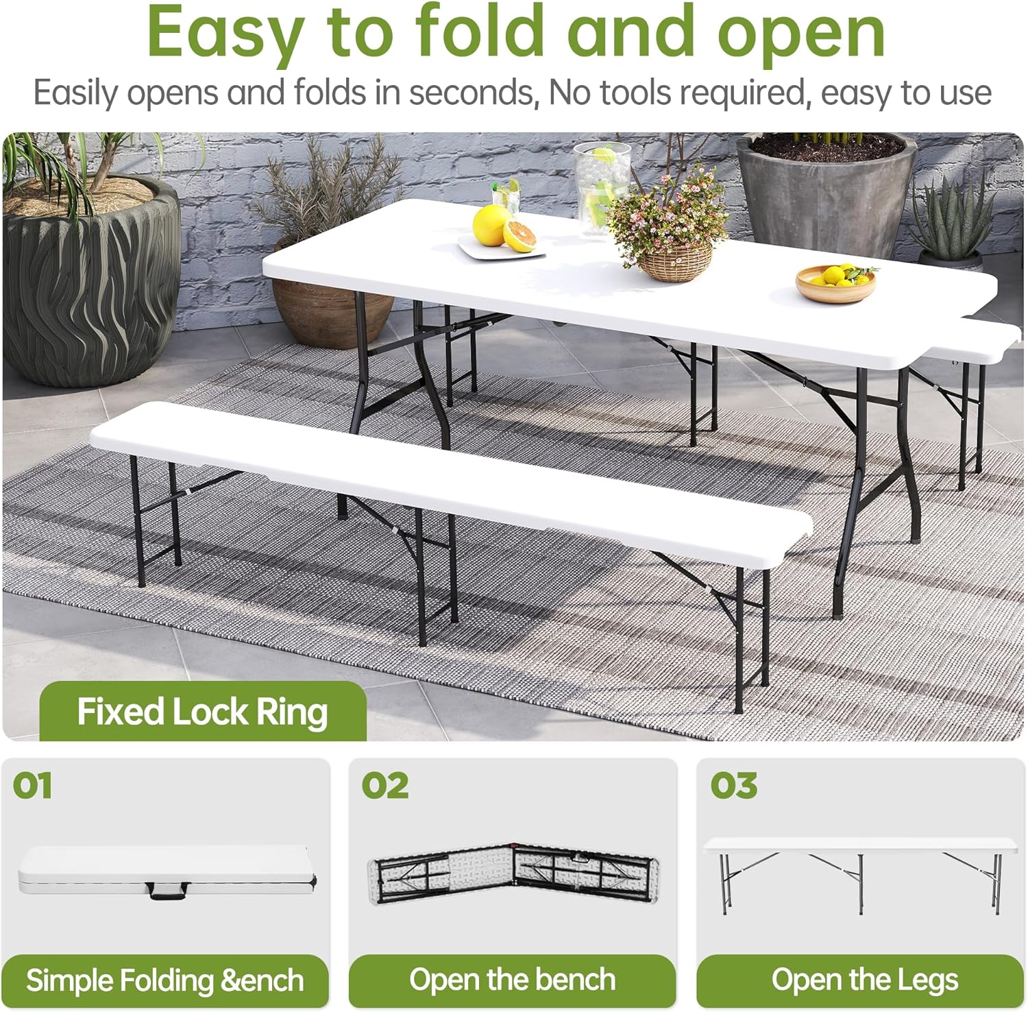 Real Relax 6 feet Plastic Folding Bench with Carrying Handle & Lock,Portable in/Outdoor Picnic Party Camping Dining Seat, Garden Soccer Multipurpose Entertaining Activities,Waterproof, 2 Pack, White