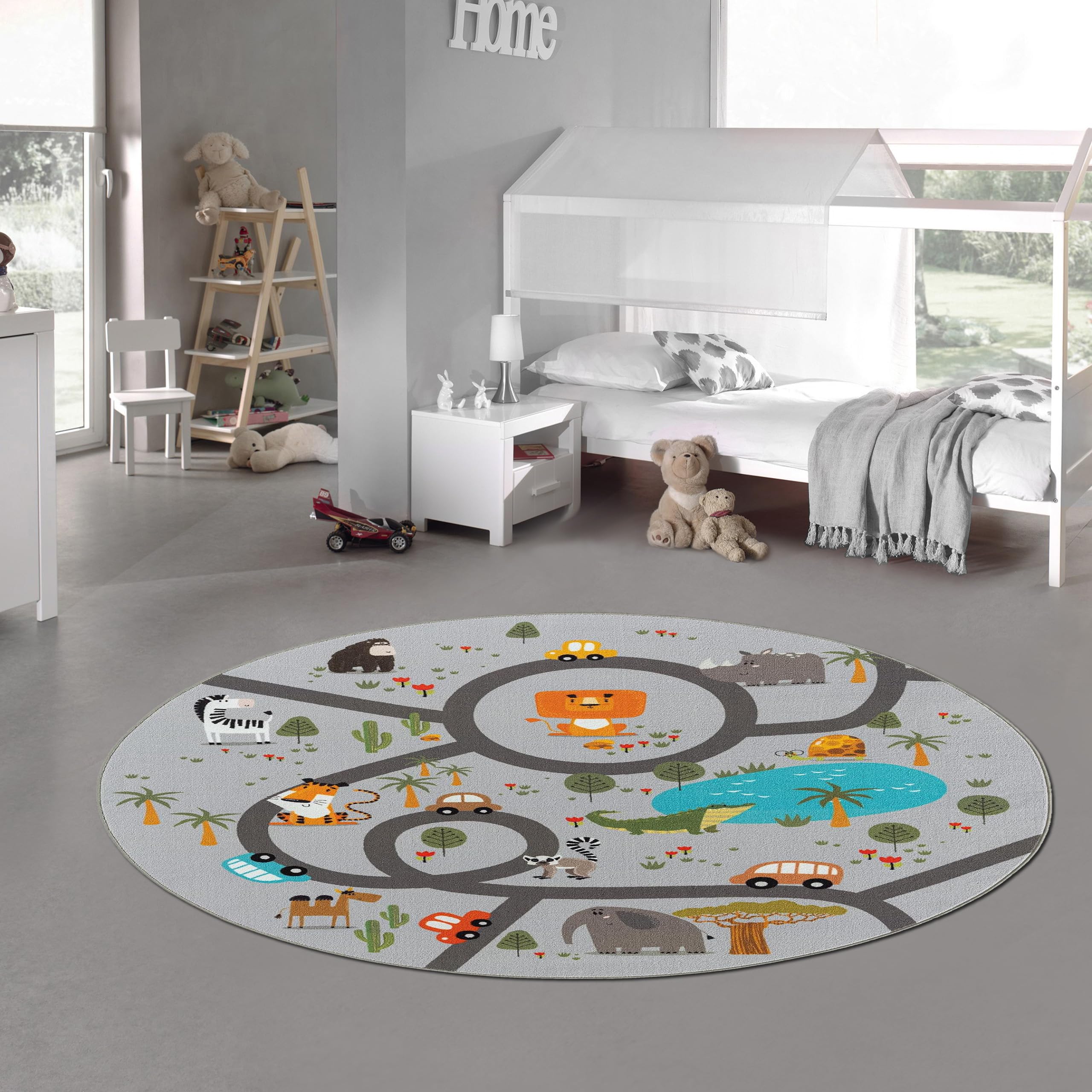 Teppich-Traum Alfombra Infantil Redonda Alfombra de habitación Infantil Lavable Antideslizante Alfombra de Juego Safari Roads Cars Animales Antideslizante Gris 160 cm