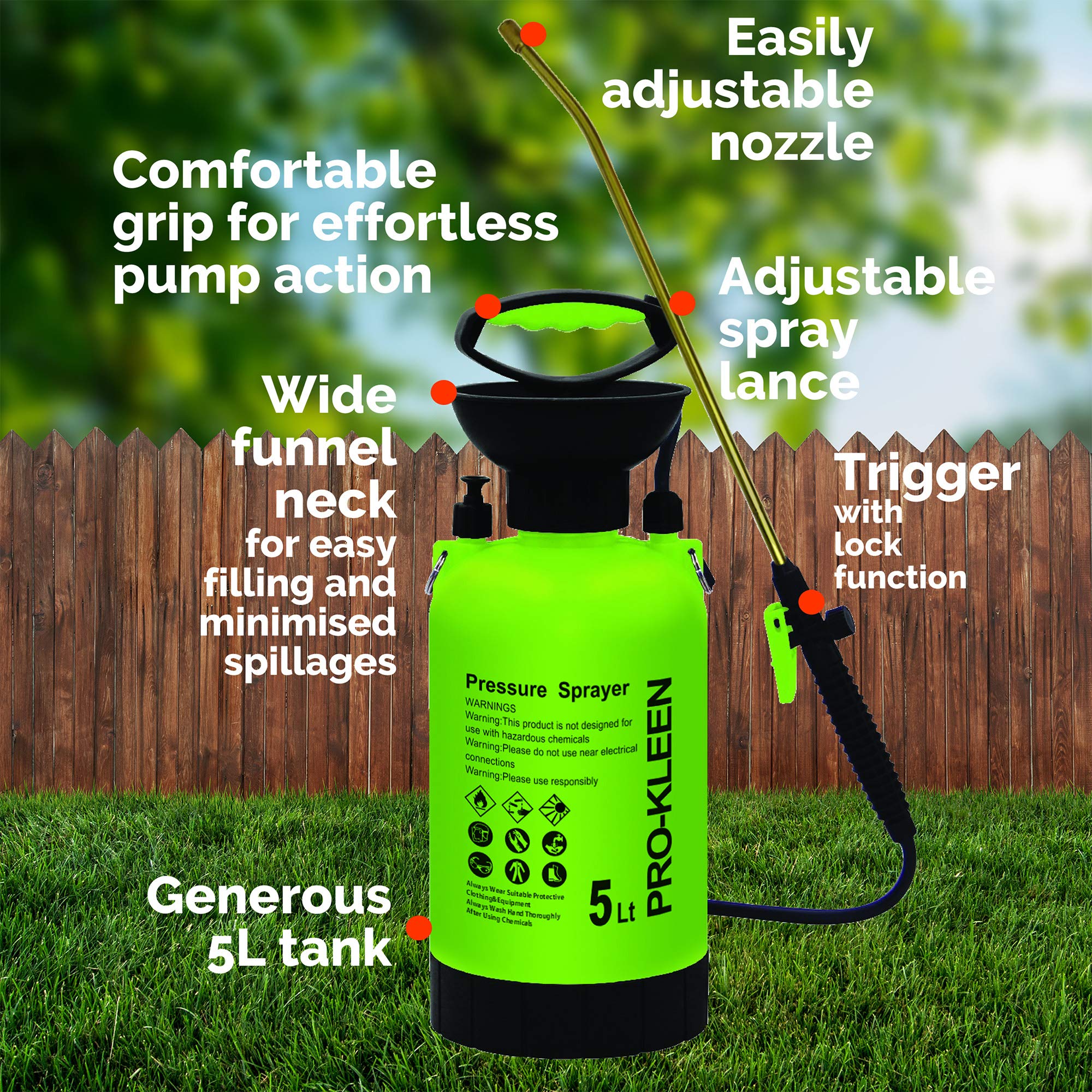 Pro-Kleen Spruzzatore a pompa a pressione da giardino, 5 l, lancia in ottone, kit di 2 guarnizioni di ricambio, per diserbante, pesticidi, erbicidi, insetticidi (5 litri), nero