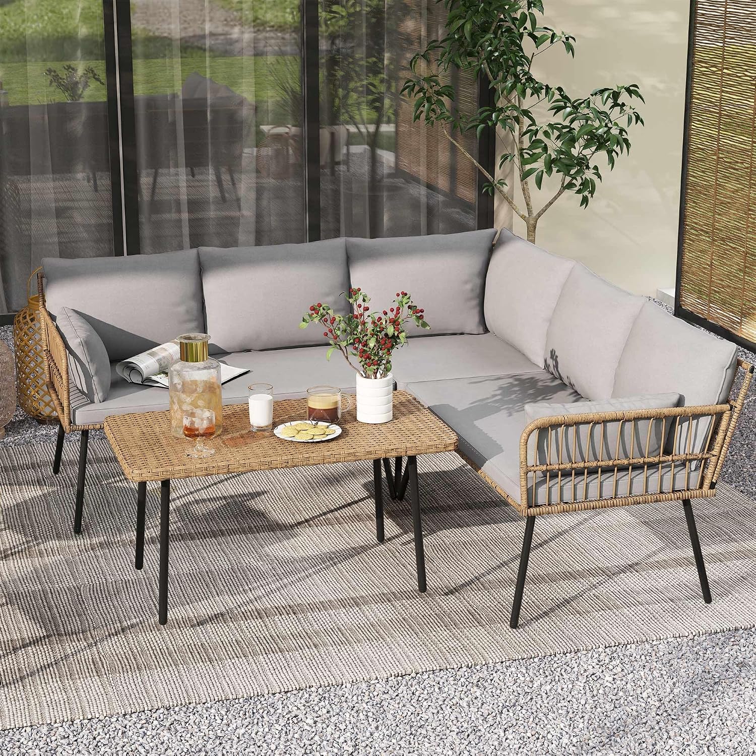 DWVO Patio Furniture Set, 4 Pieces Wicker Outdoor Conversation Set Sectional L-Shaped Sofa with 5 Seater for Backyard, Porch, Boho Detachable Lounger with Cushions and Side Table - Grey